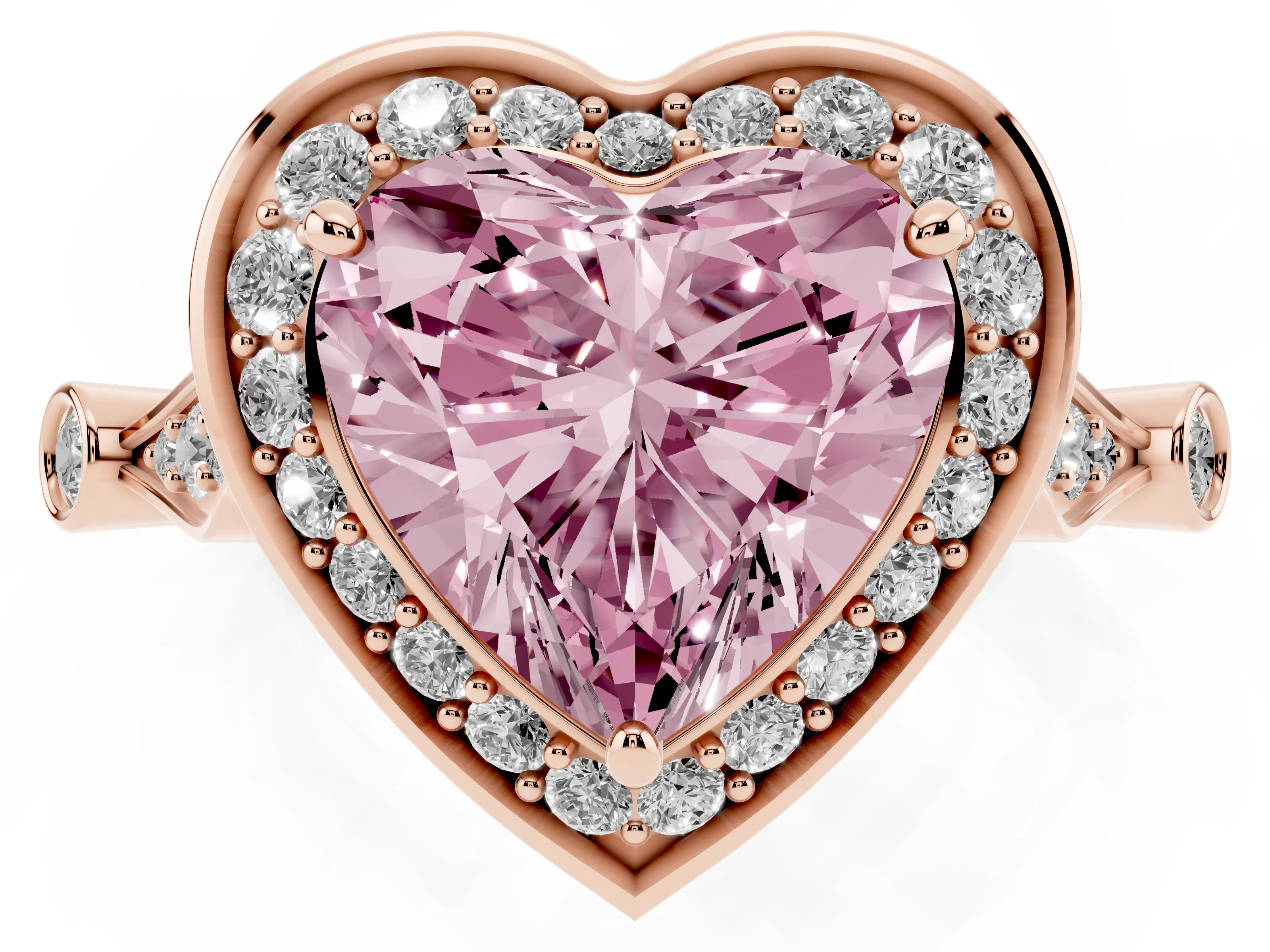 Fancy Pink Heart Cut Diamond Halo Engagement Ring Set in Rose gold with Twisted Band and Prong Setting