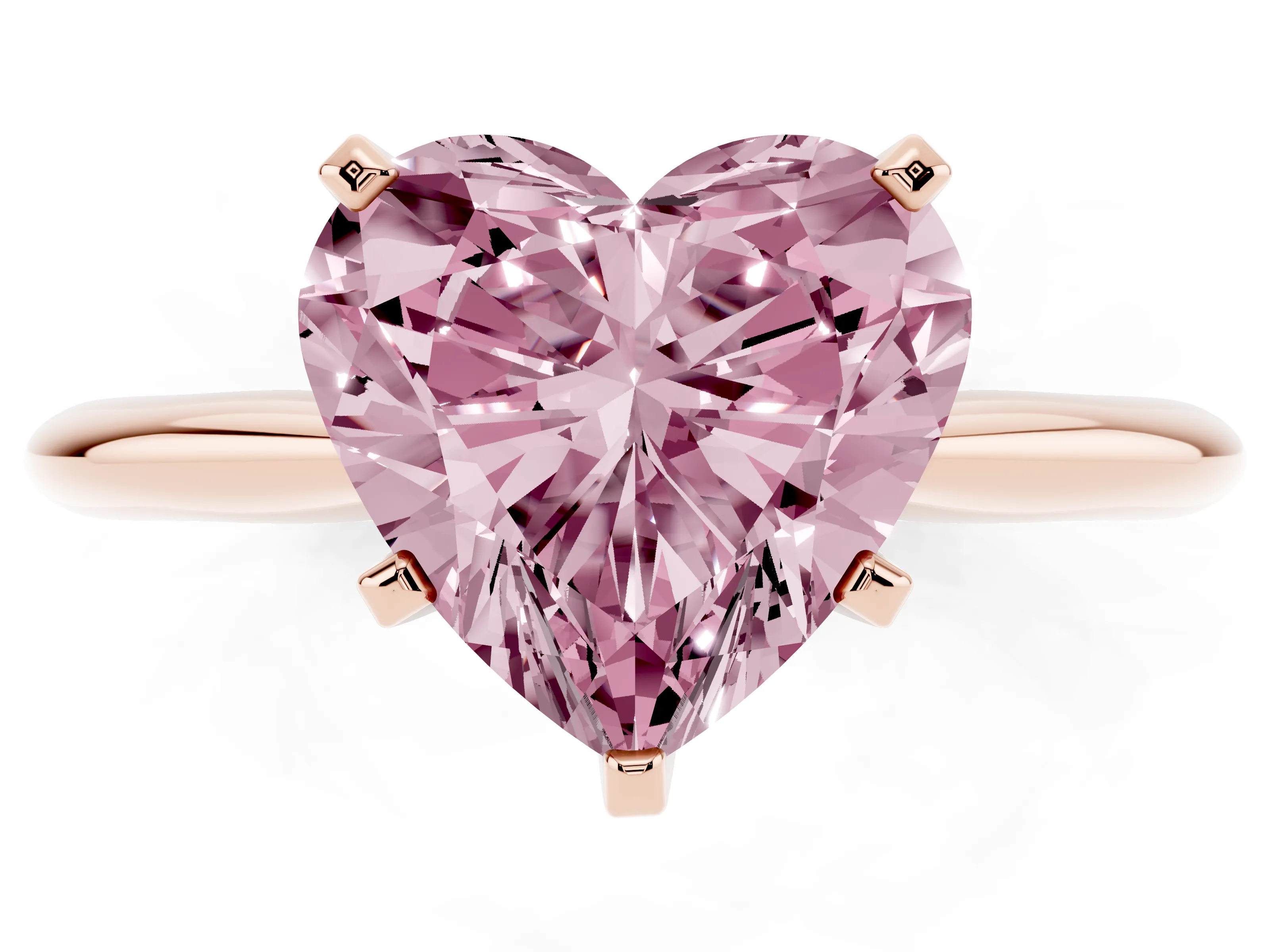 Fancy Pink Heart Cut Diamond Solitaire Ring Set in Rose gold with Prong Setting on a Plain Round Band