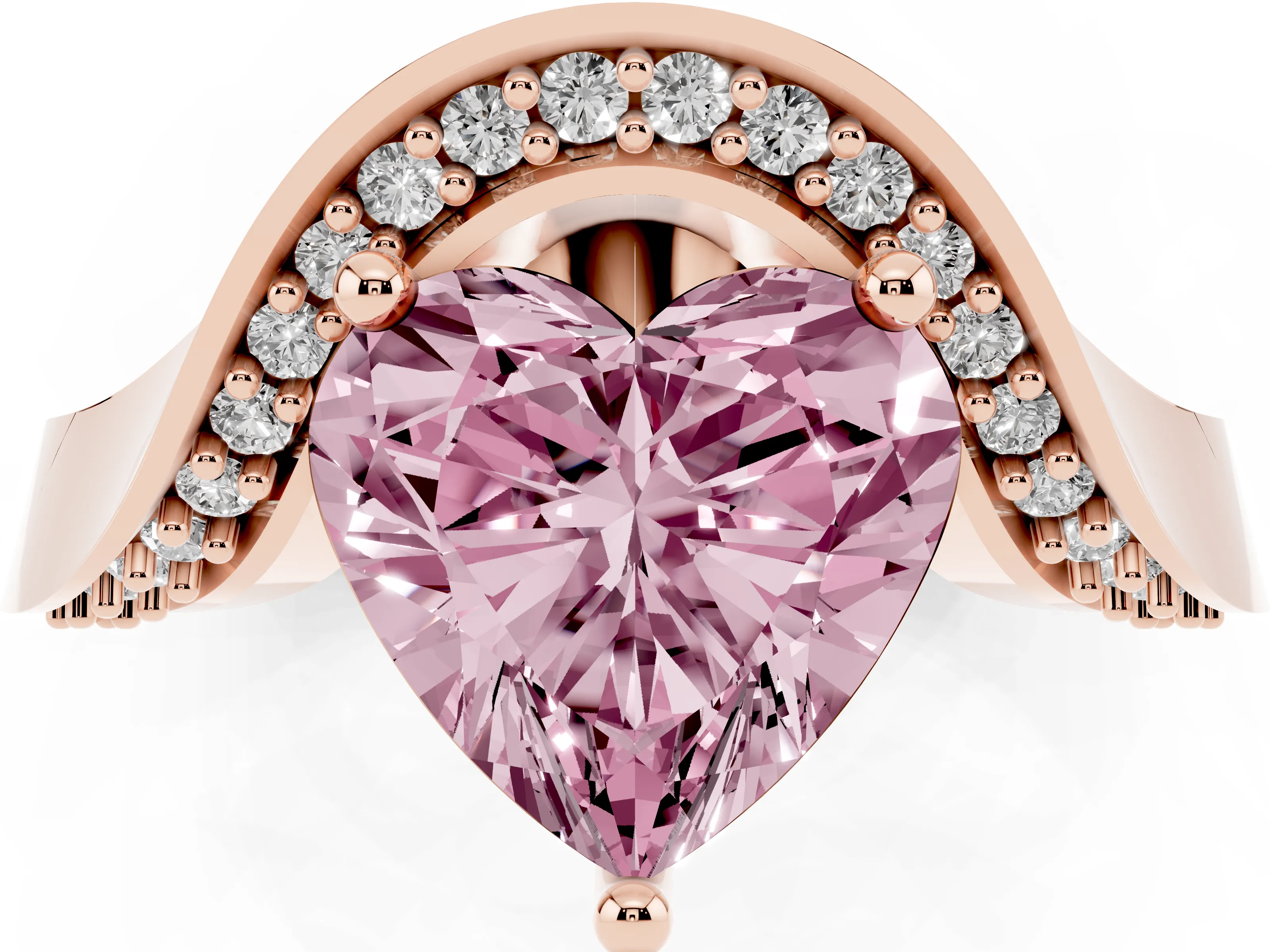 Fancy Pink Heart Cut Diamond Solitaire Engagement Ring Set in Rose gold with Pavé Shoulders