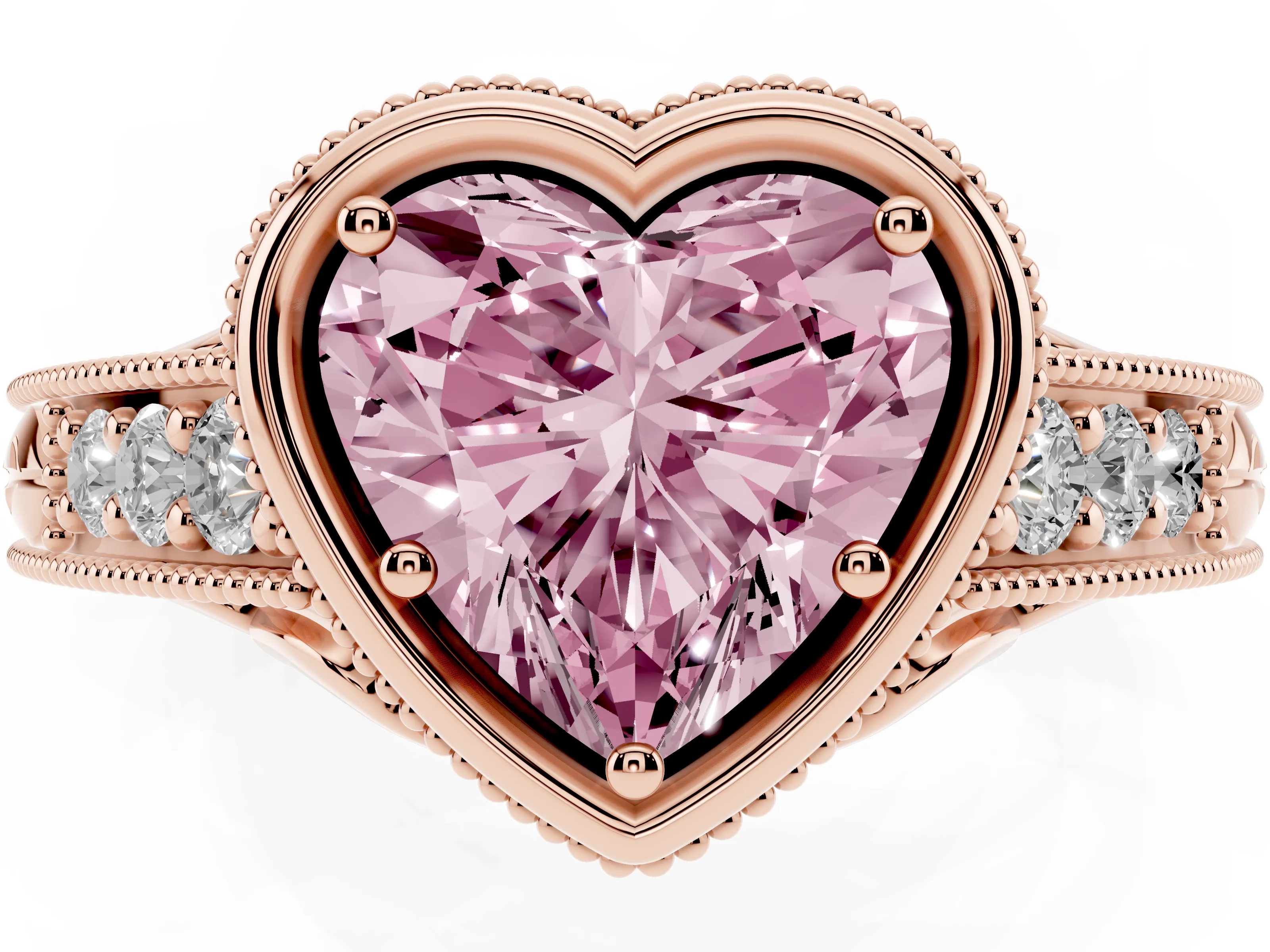 Fancy Pink Bezel Set Heart Cut Diamond Milgrain Pavé Engagement Ring Set in Rose gold