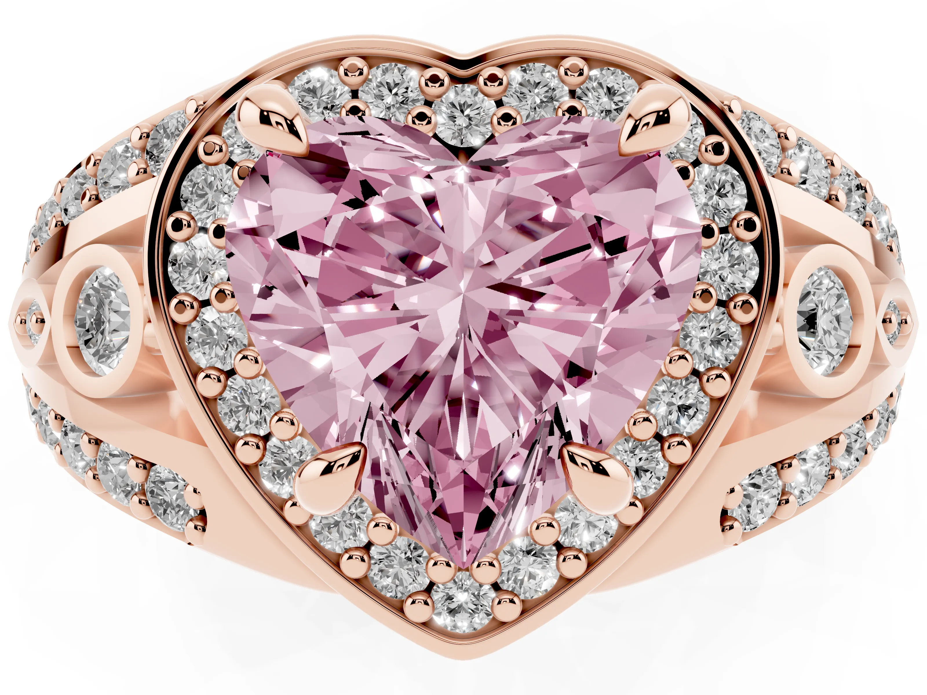 Fancy Pink Heart Cut Diamond Halo Ring Set in Rose gold with Pavé Split Shank and Bezel Accents