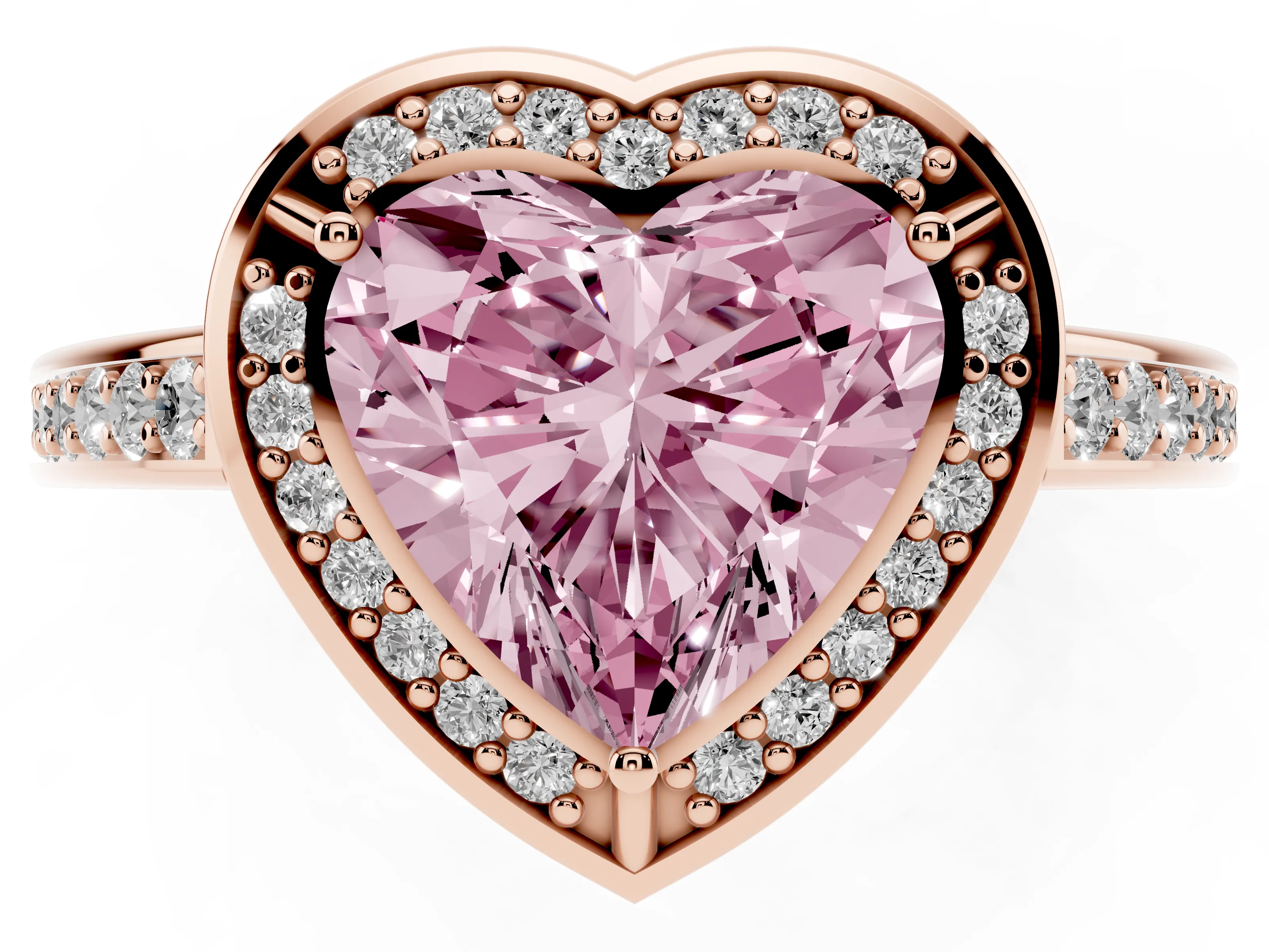 Fancy Pink Heart Cut Diamond Halo Pavé Split Shank Ring Set in Rose gold with Prong Setting