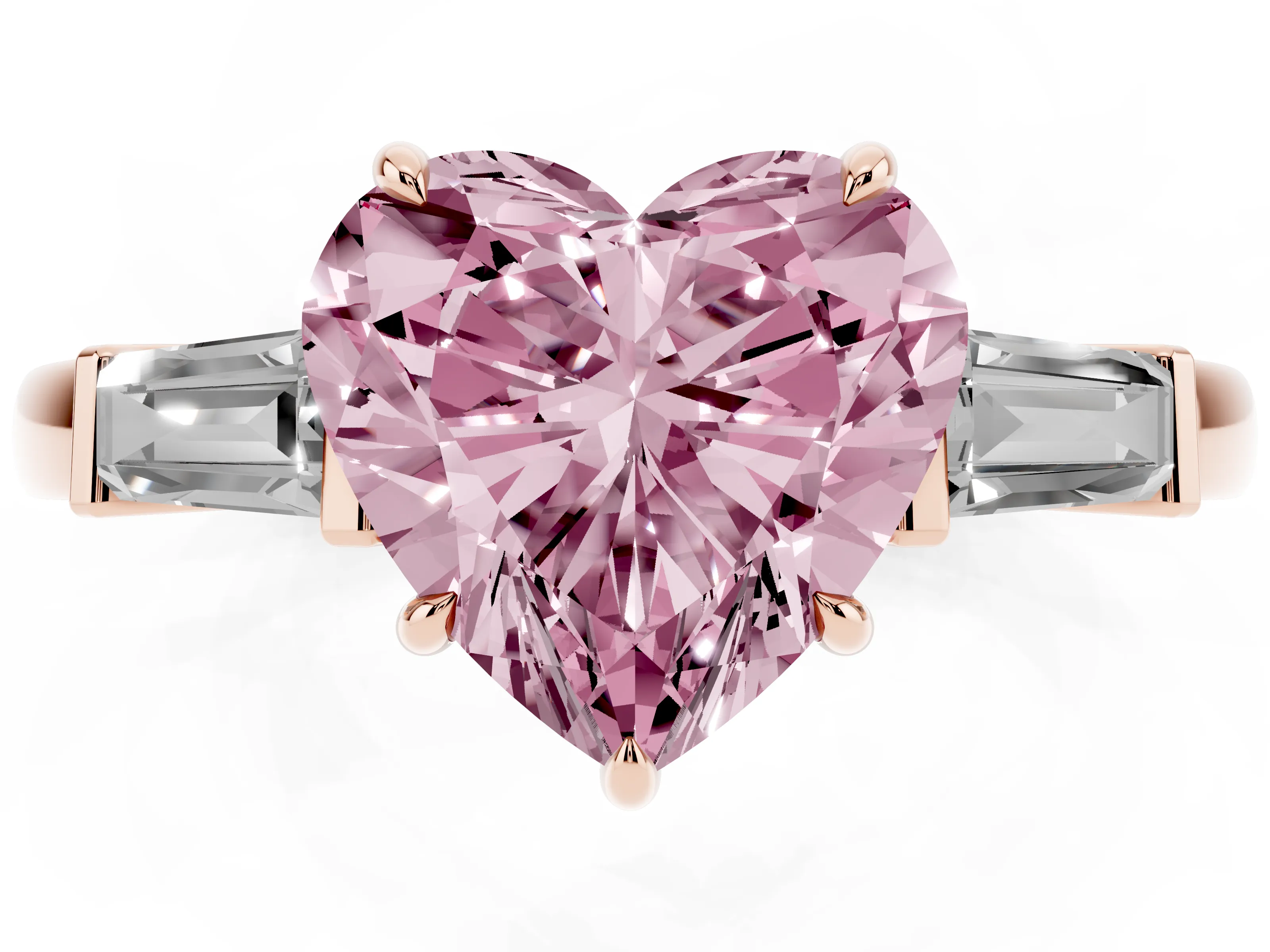 Fancy Pink Heart Cut Diamond Three-Stone Ring Set in Rose gold with Tapered Baguette Side Stones and Prong Setting