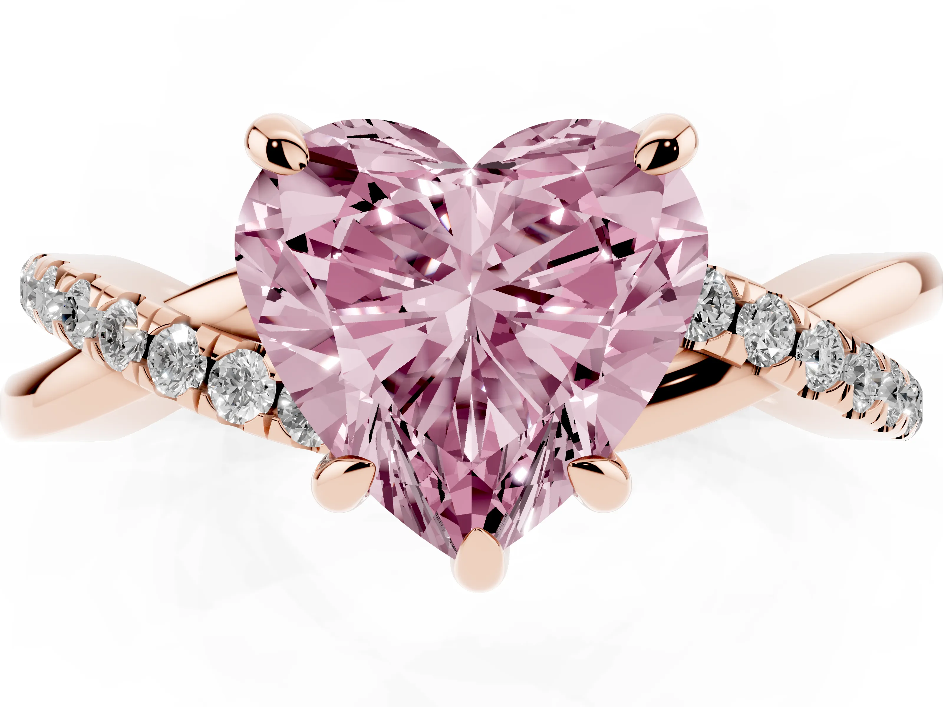 Fancy Pink Heart Cut Diamond Twist Band Solitaire Set in Rose gold with Pavé Accents and Prong Setting