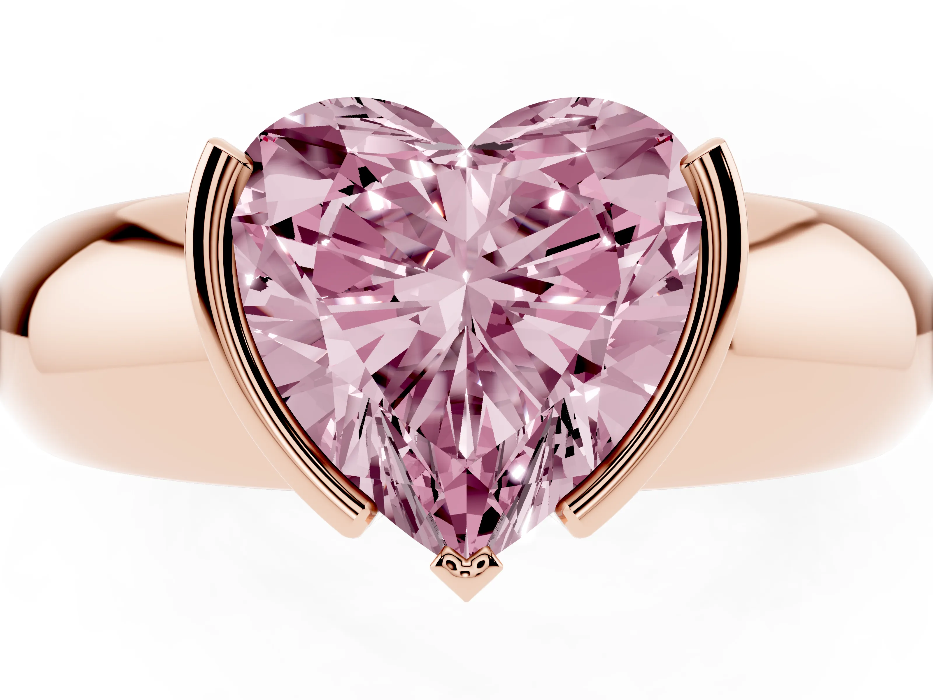 Fancy Pink Heart Cut Diamond Solitaire Tension Set Ring Set in Rose gold with Wide Band