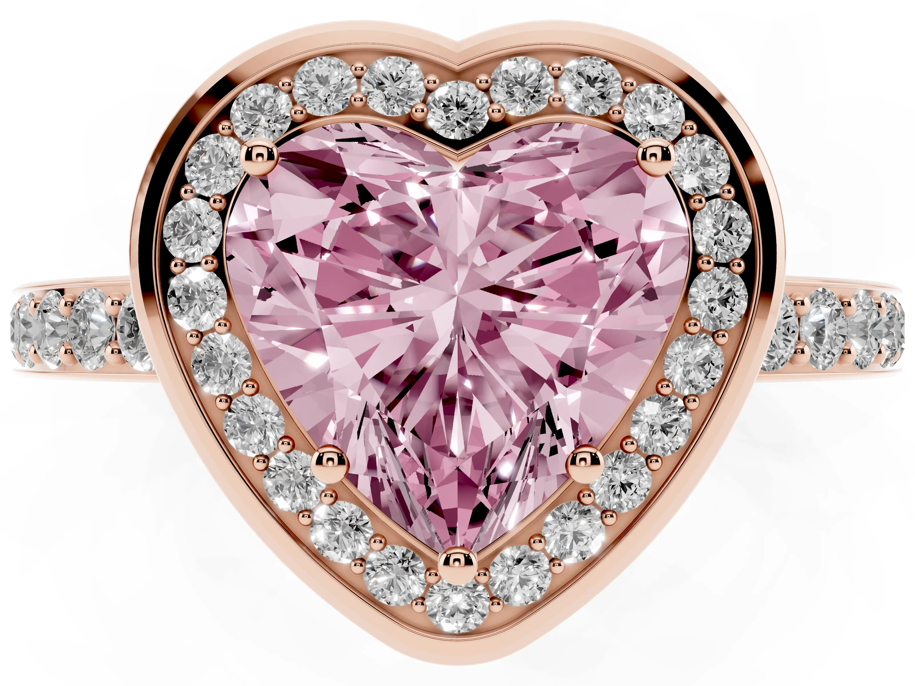Fancy Pink Heart Cut Diamond Halo Ring Set in Rose gold with Bezel Frame and Pavé Band
