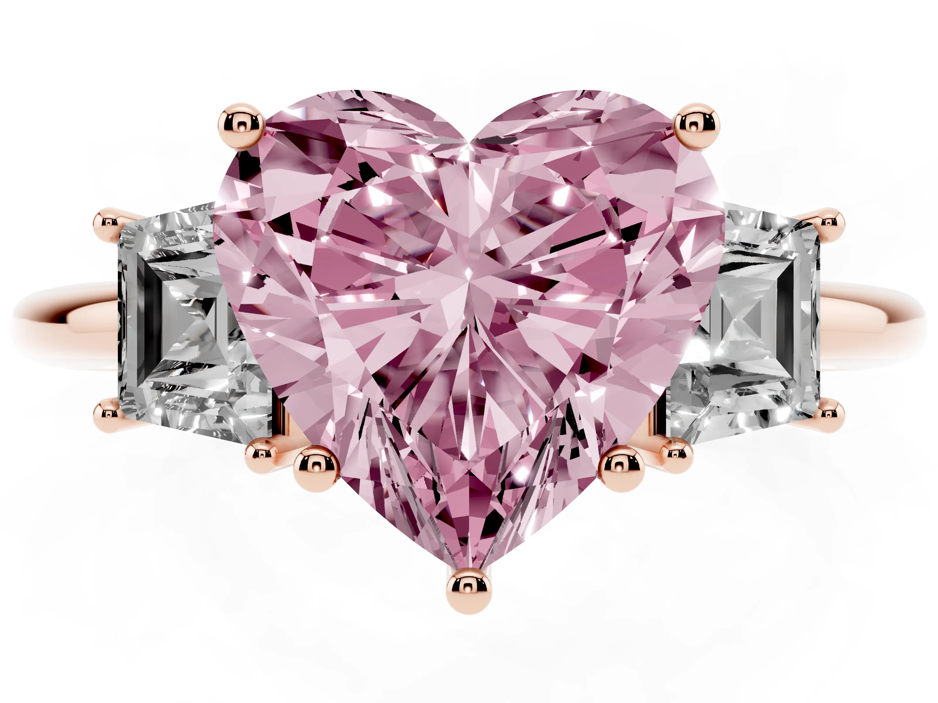 Fancy Pink Heart Cut Diamond Three-Stone Ring Set in Rose gold with Trapezoid Side Stones and Prong Setting