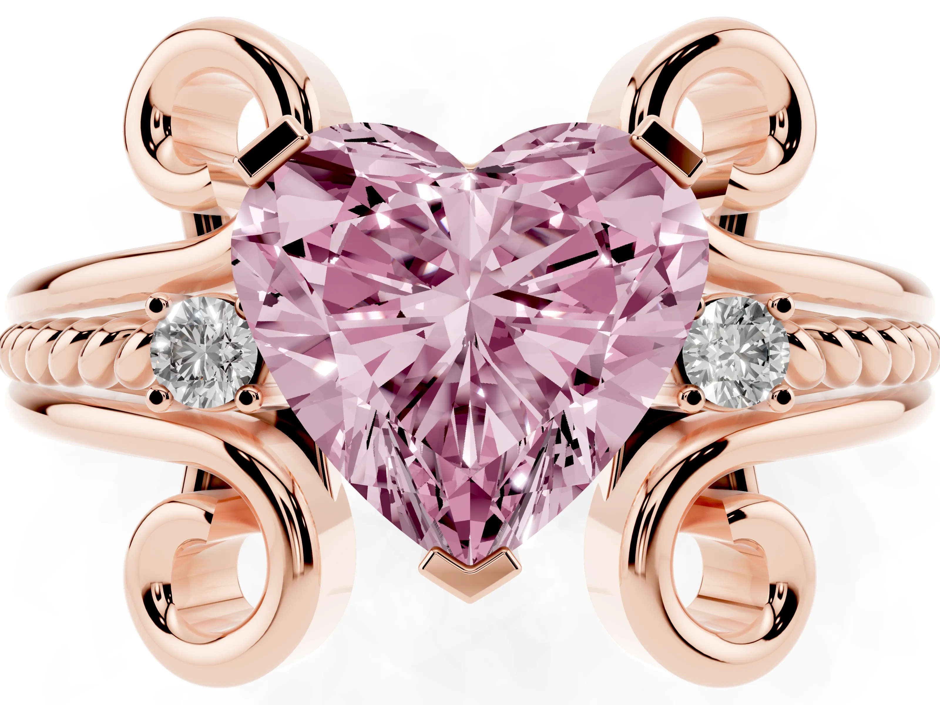 Fancy Pink Heart Cut Diamond Twisted Band Solitaire Ring Set in Rose gold with Scroll Prongs