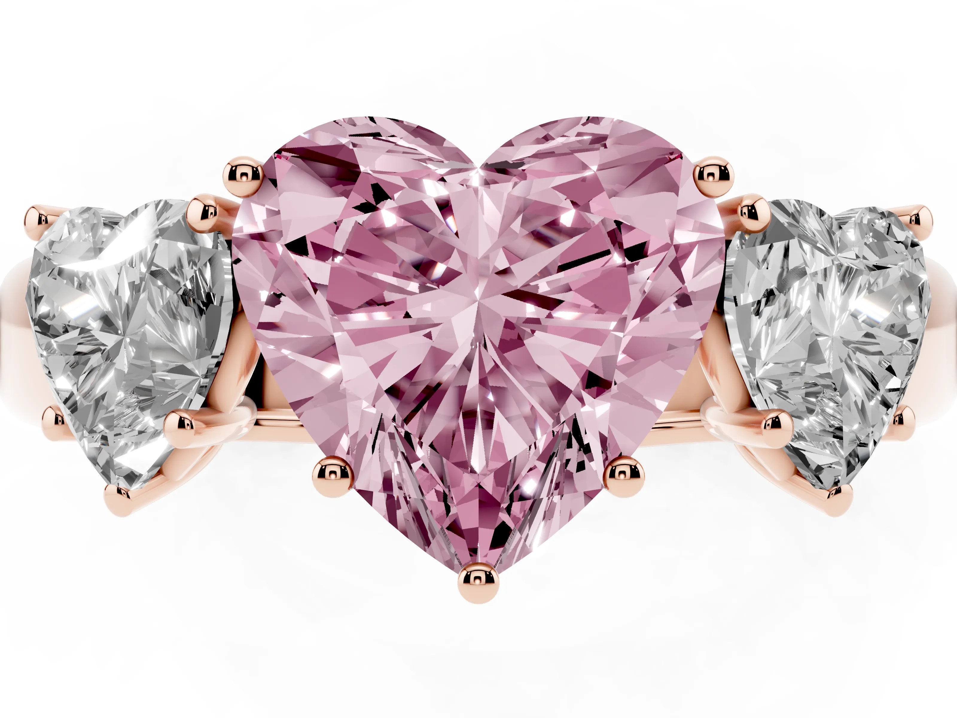 Fancy Pink Three-Stone Heart Cut Diamond Ring Set in Rose gold with Matching Prong Settings and Plain Band