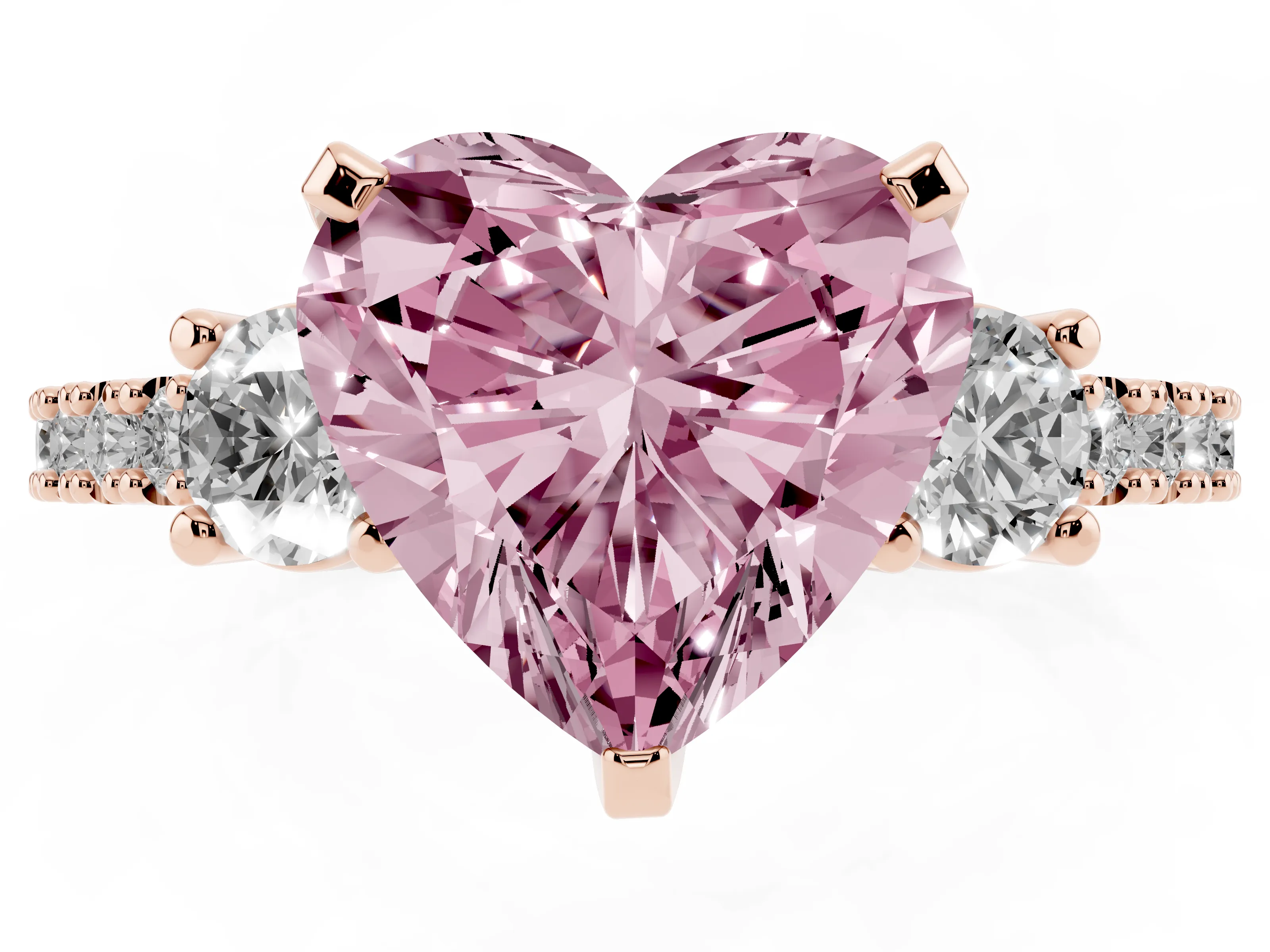 Fancy Pink Three-Stone Heart Cut Diamond Pavé Band Ring Set in Rose gold with Prong Setting