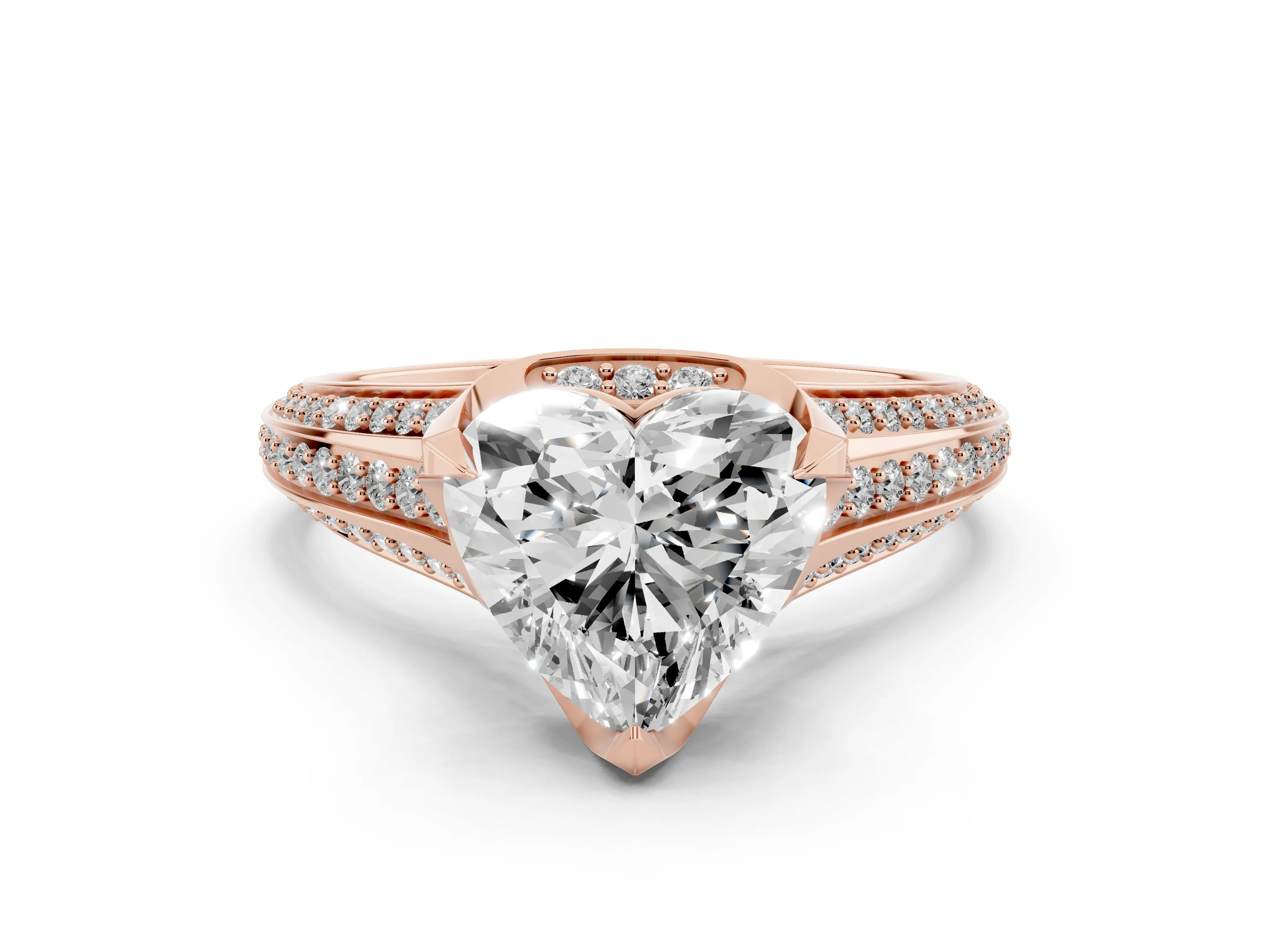 Heart Cut Diamond Pavé Split Shank Solitaire Ring Set in Rose gold with Prong Setting