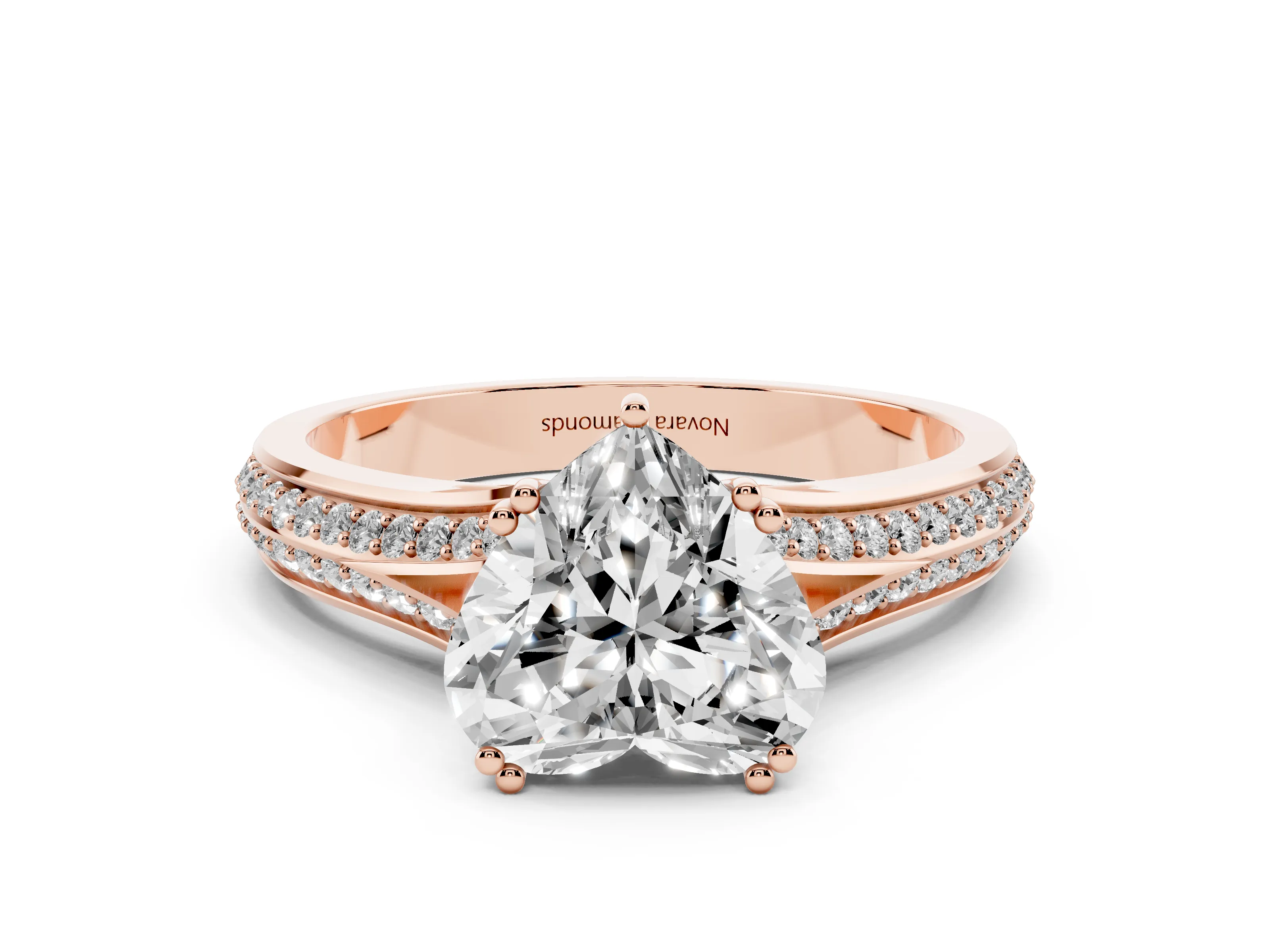 Heart Cut Diamond Split Shank Pavé Engagement Ring Set in Rose gold with Prong-Set Center Stone