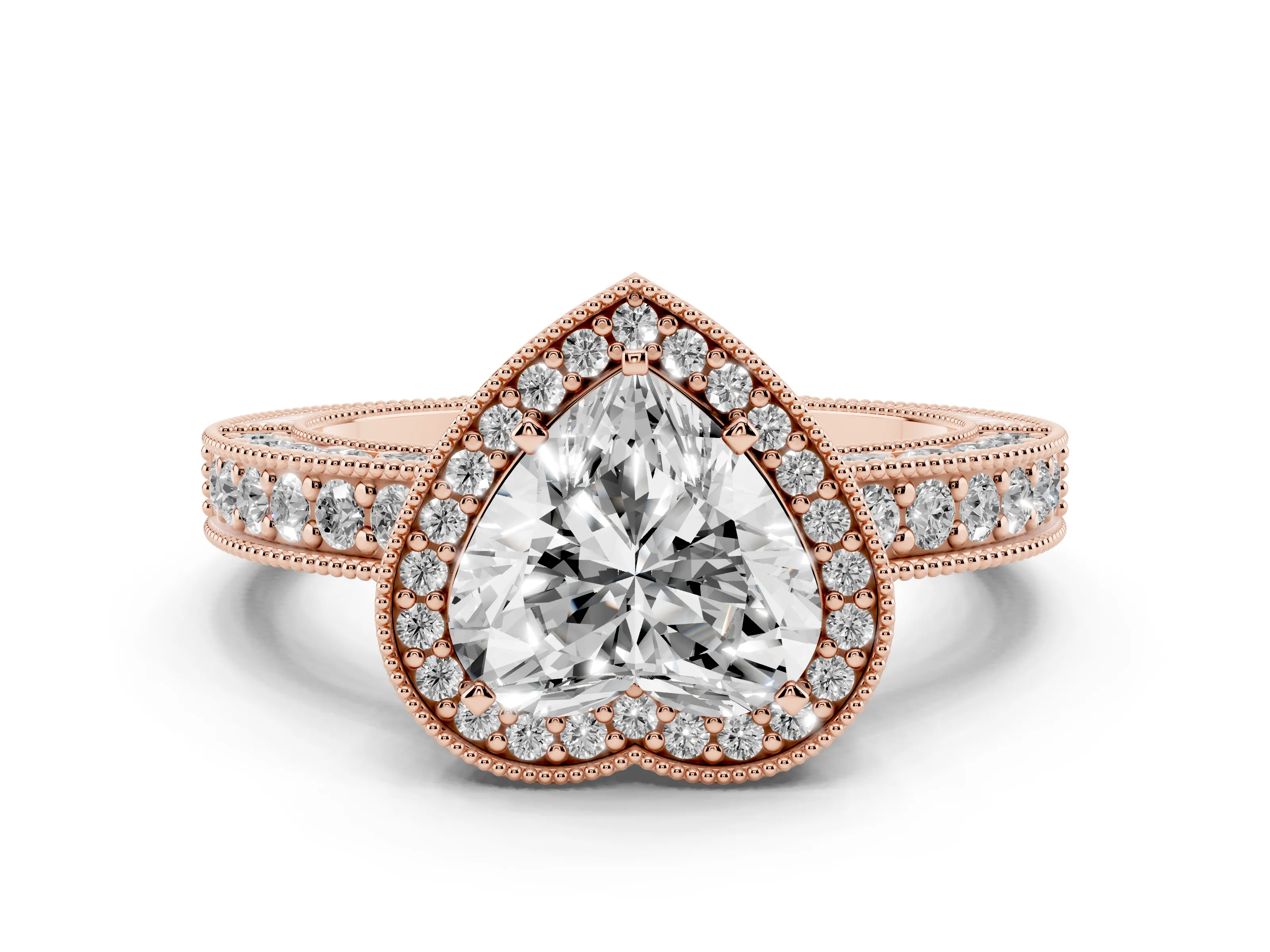 Heart Cut Diamond Halo Pavé Band Ring Set in Rose gold with Prong-Set Center