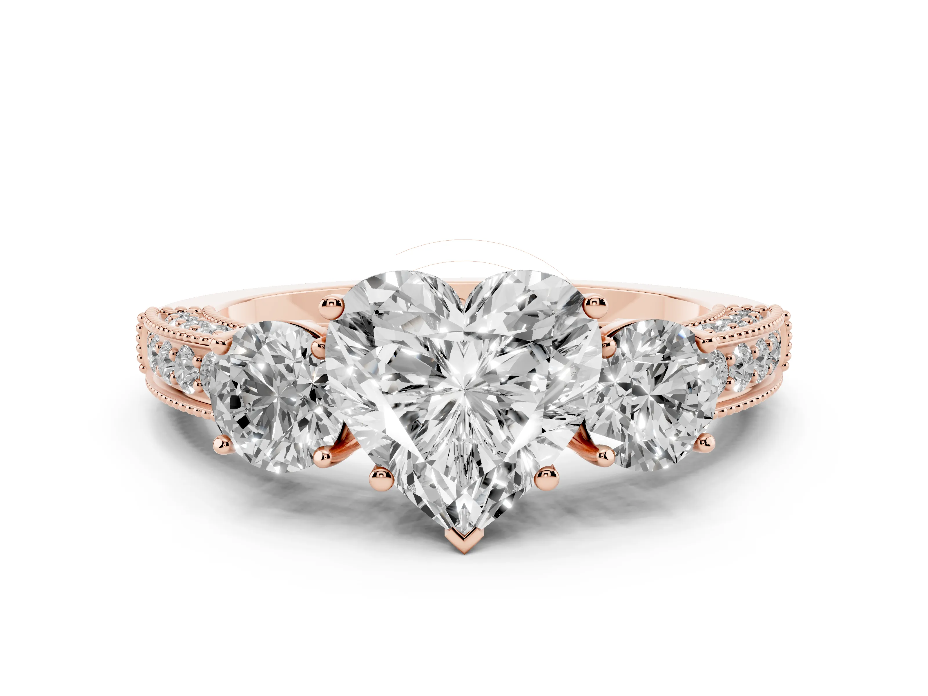 Heart Cut Diamond Three-Stone Ring Set in Rose gold with Round Side Stones and Pavé Band