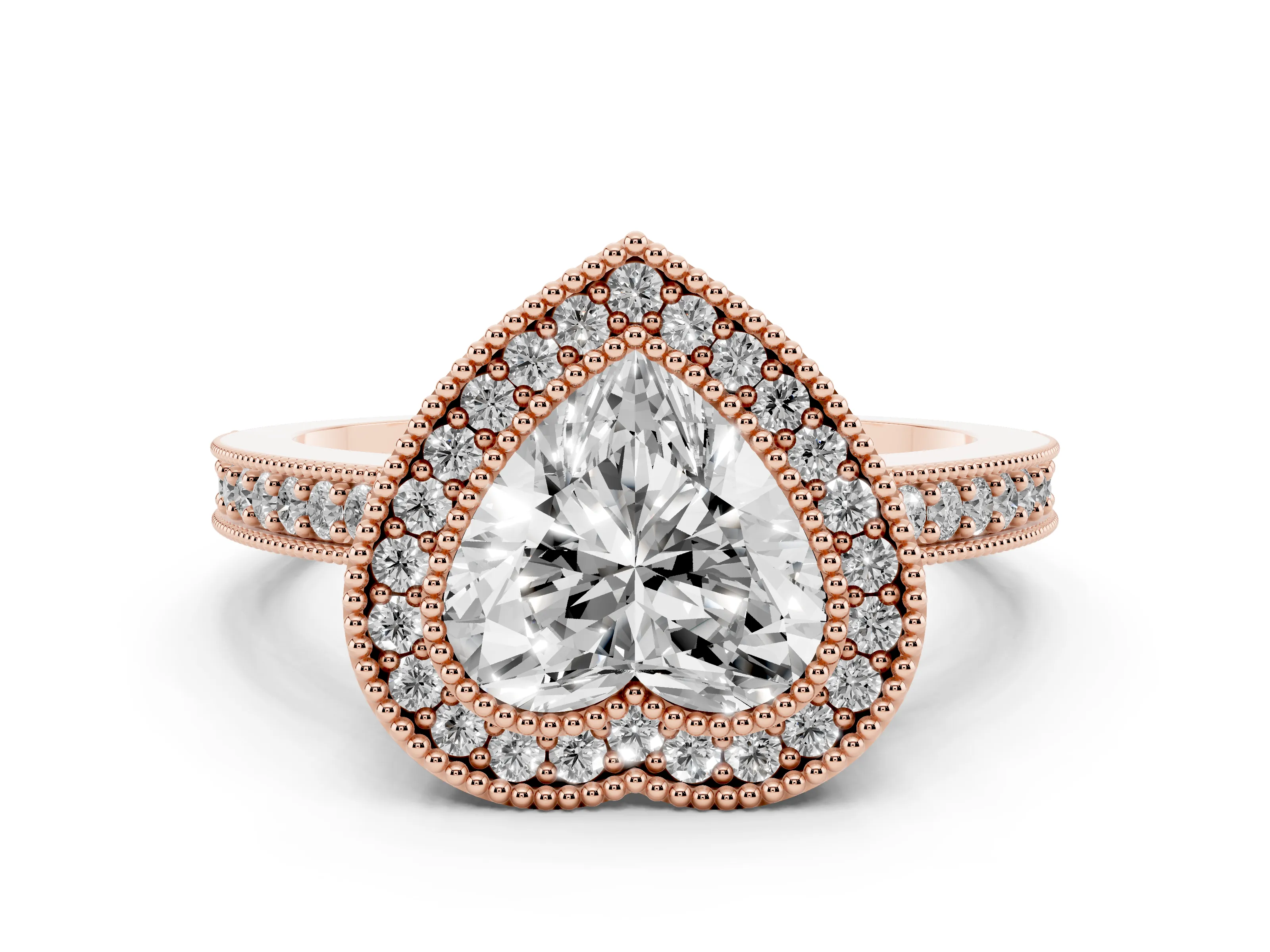 Heart Cut Diamond Halo Engagement Ring Set in Rose gold with Pavé Band and Round Halo Stones