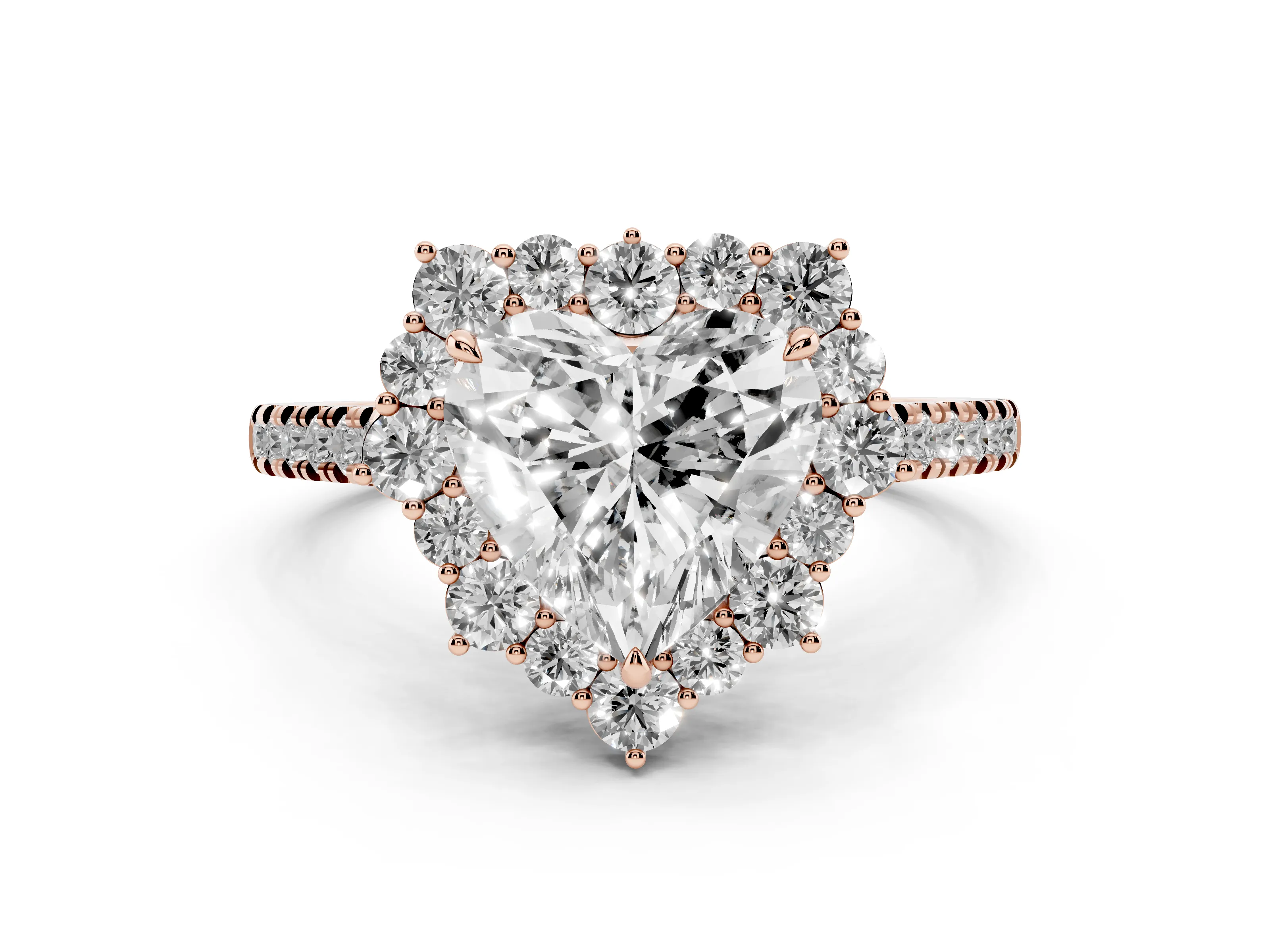 Heart Cut Diamond Halo Ring Set in Rose gold with Pavé Band and Prong Setting