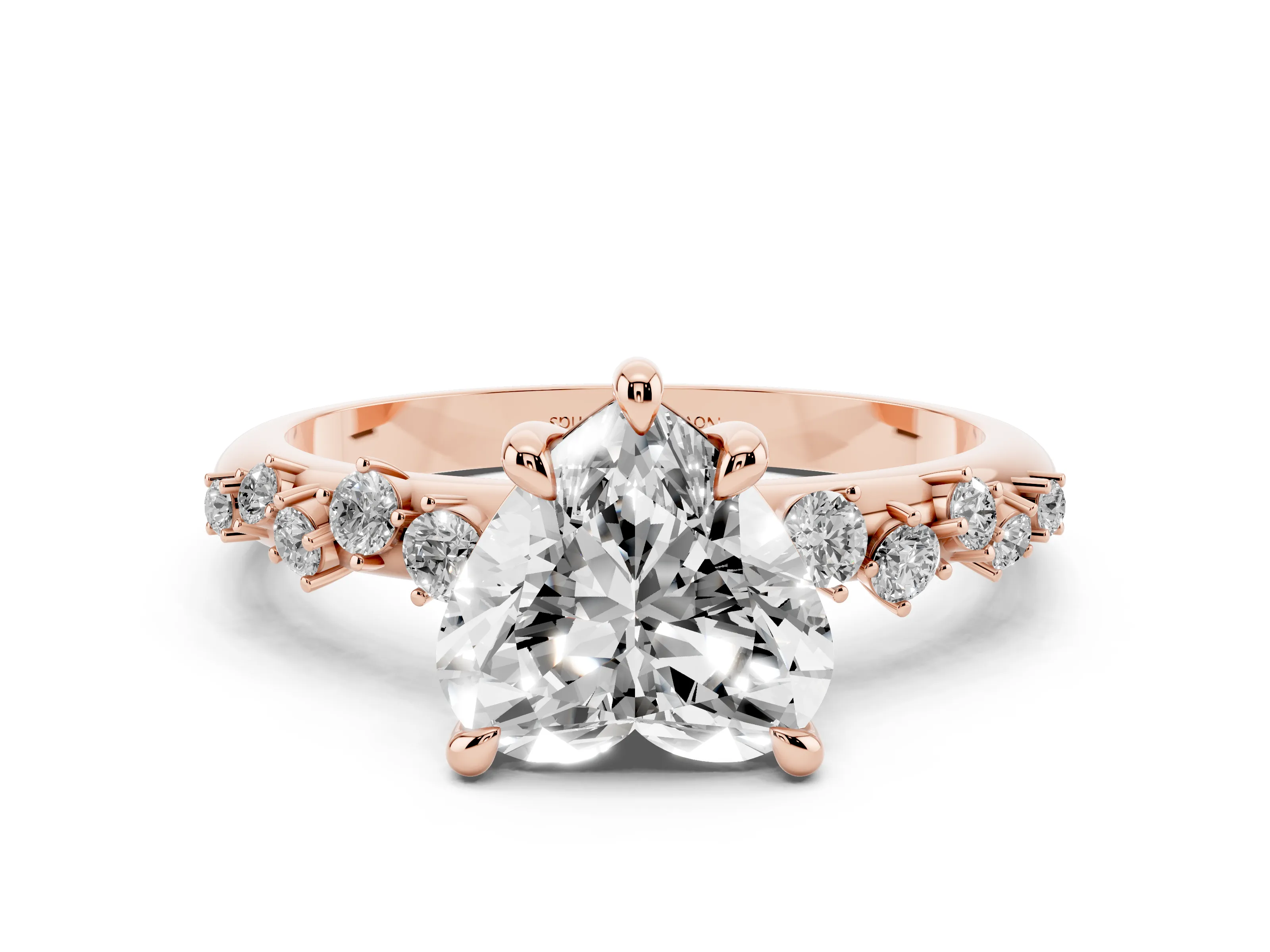 Heart Cut Diamond Solitaire Vine Band Ring Set in Rose gold with Round Accents and Prong Setting
