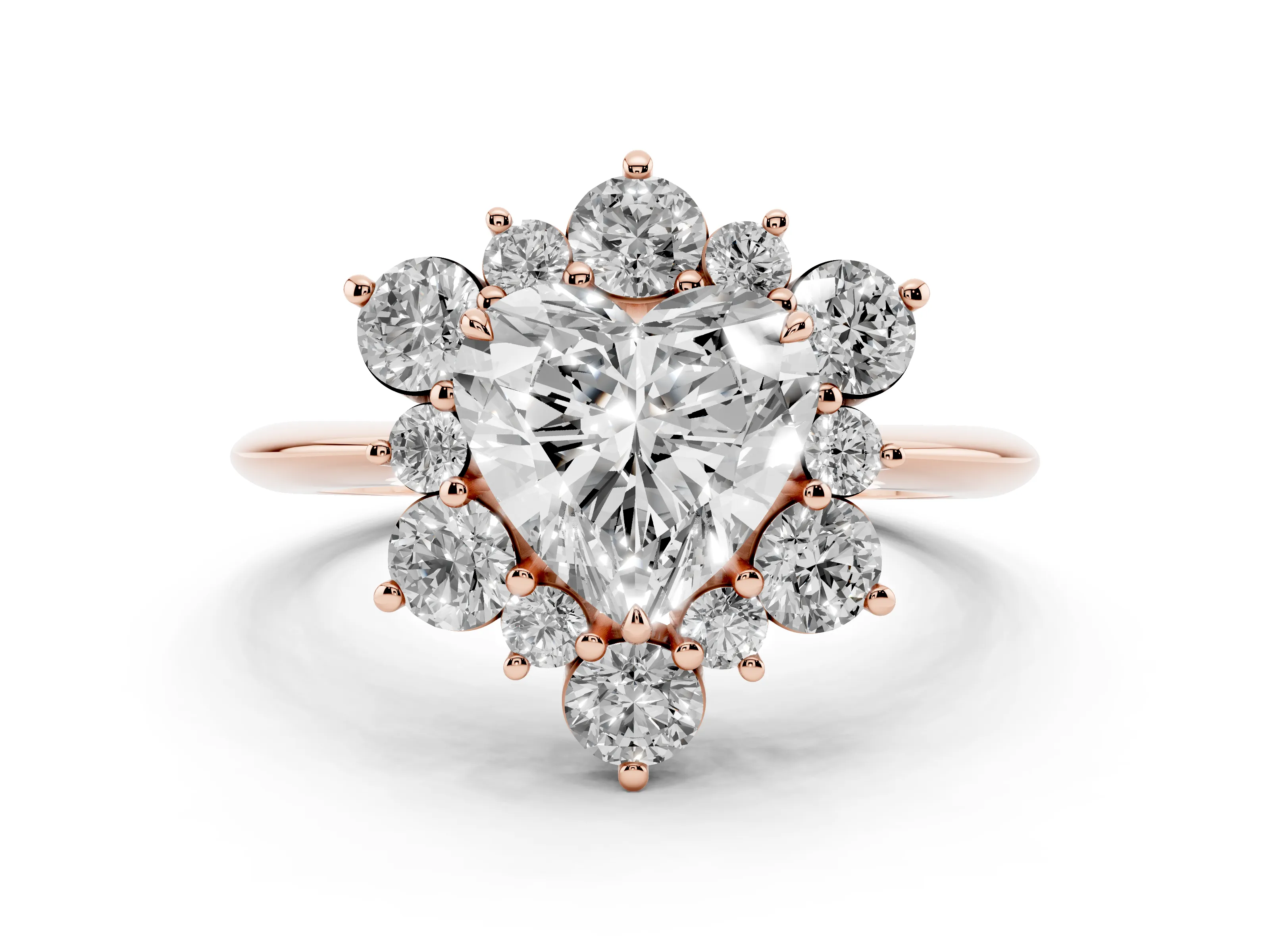 Heart Cut Diamond Cluster Halo Ring Set in Rose gold with Solitaire Band and Prong Setting