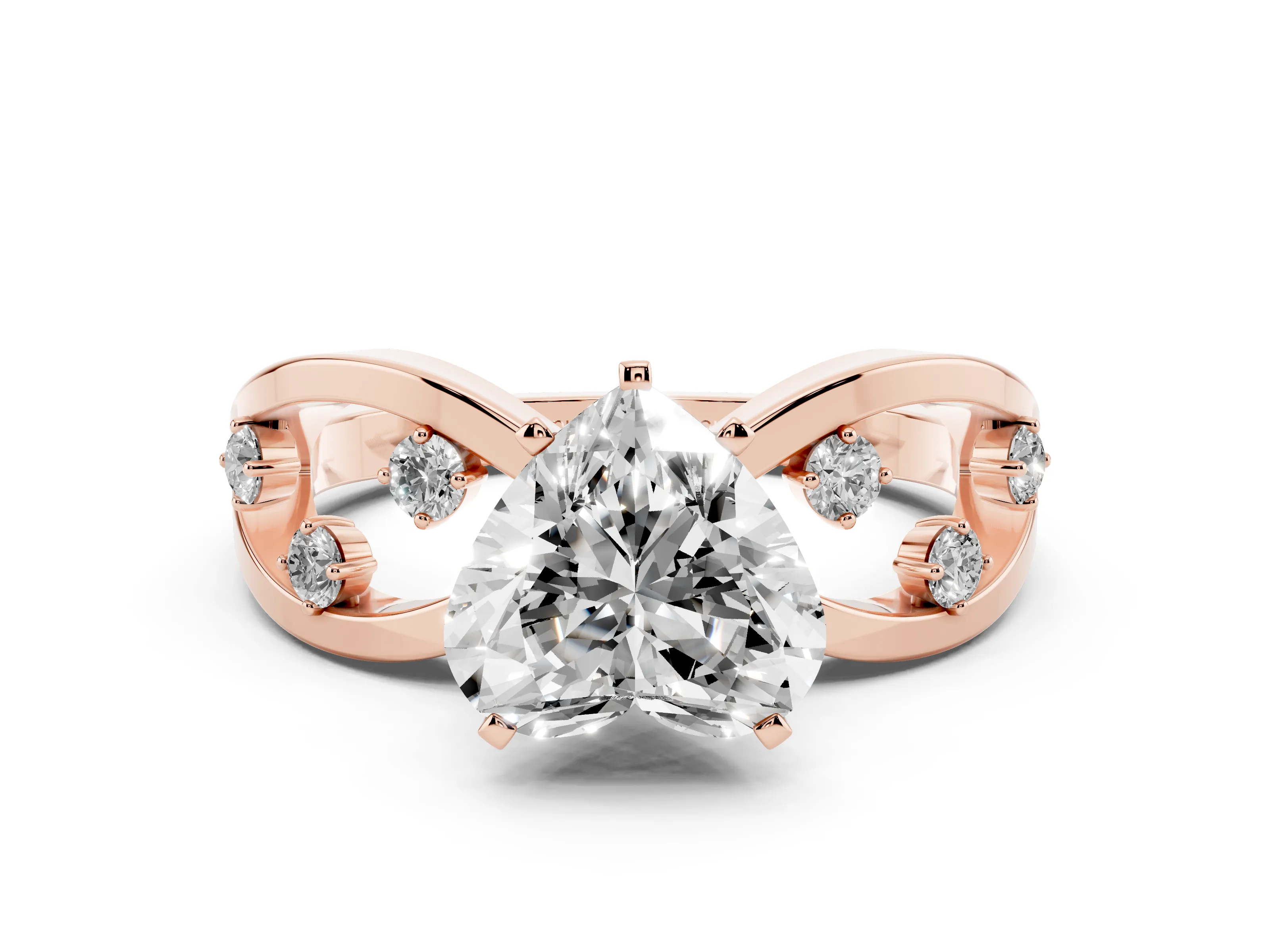 Heart Cut Diamond Solitaire Ring Set in Rose gold with Side Stones on Criss-Cross Band and Prong Setting
