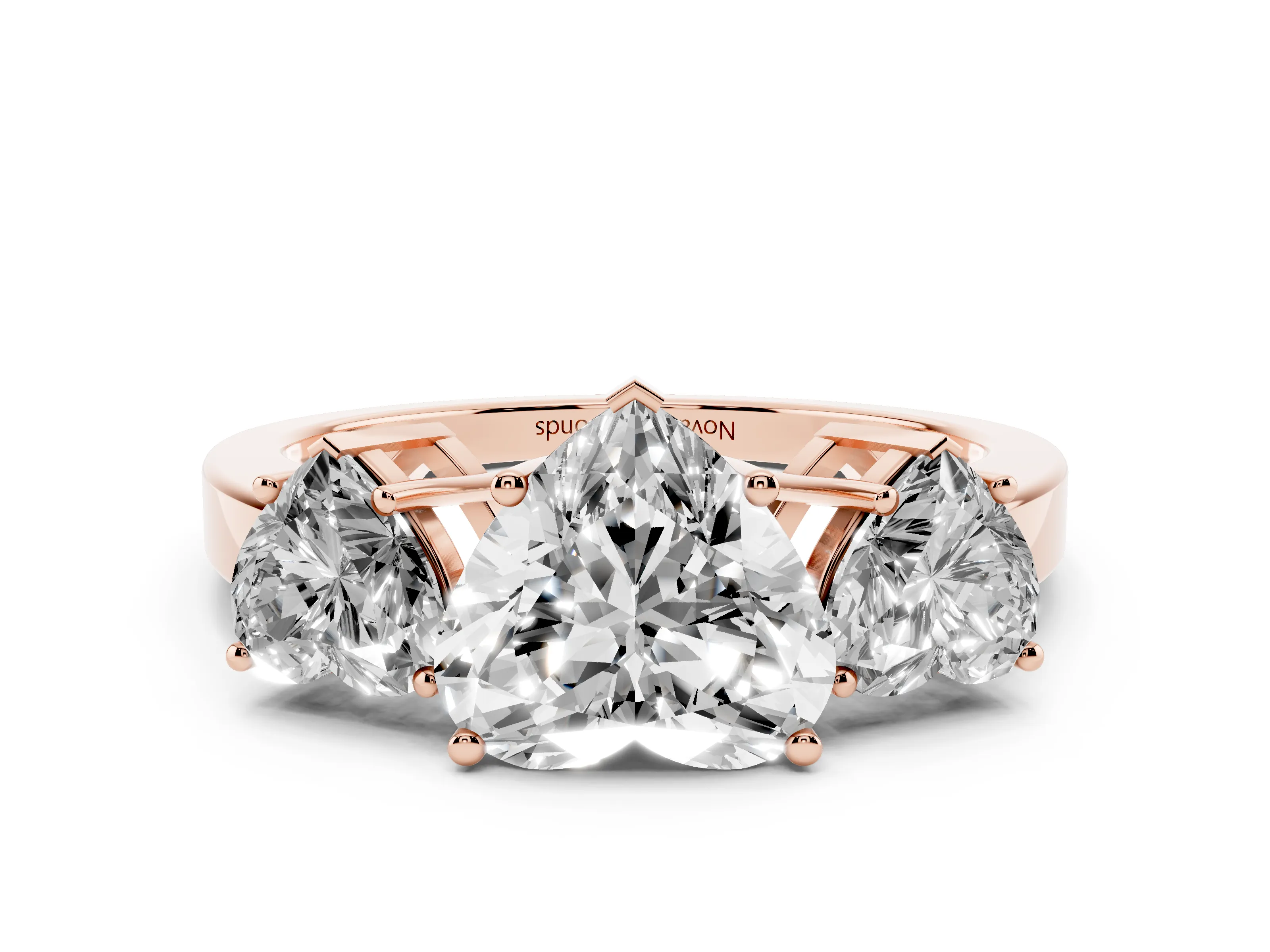 Heart Cut Diamond Three-Stone Engagement Ring Set in Rose gold with Flat Band