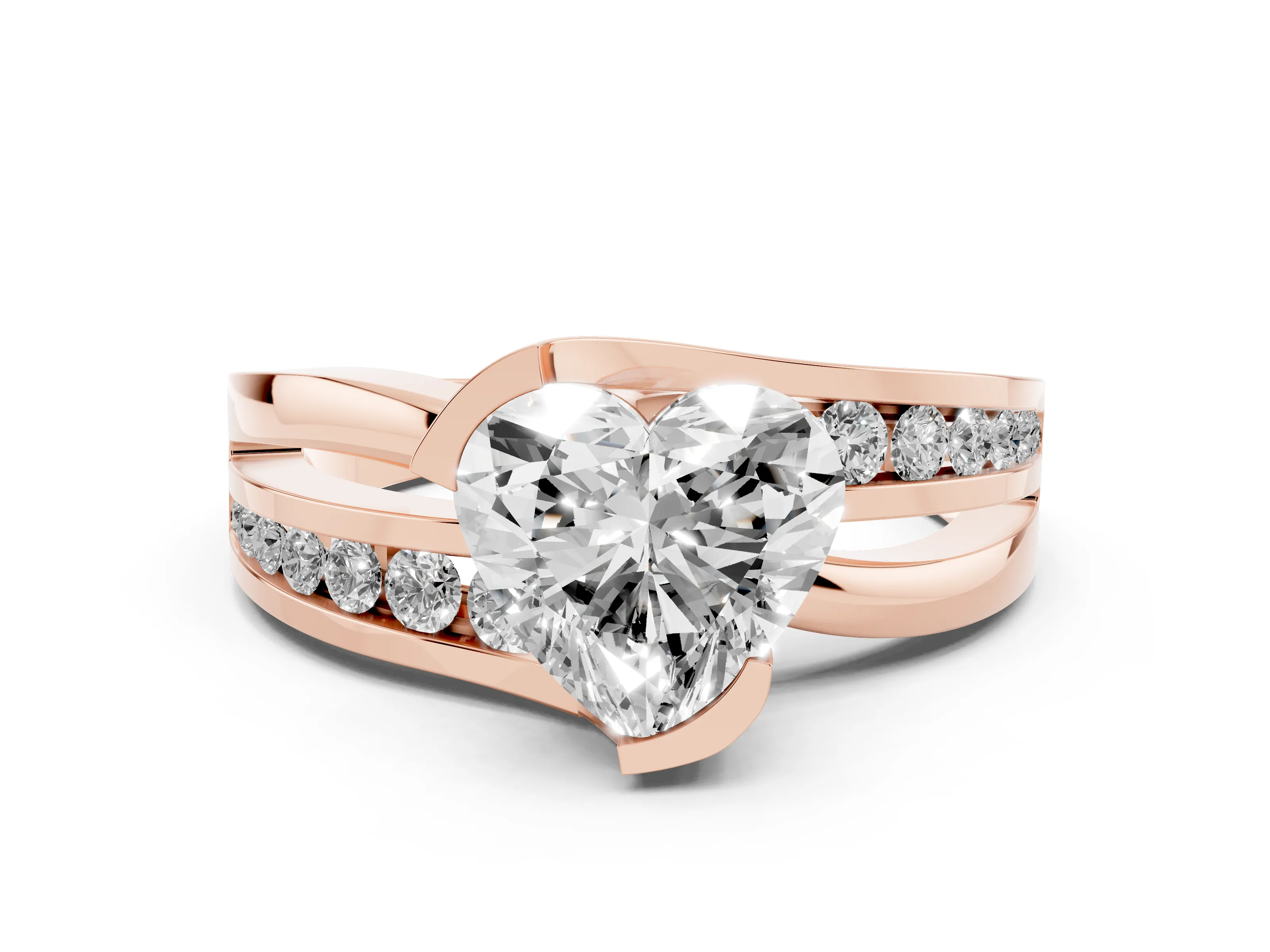 Heart Cut Diamond Solitaire Ring Set in Rose gold with Channel Set Split Shank and Tension Prongs