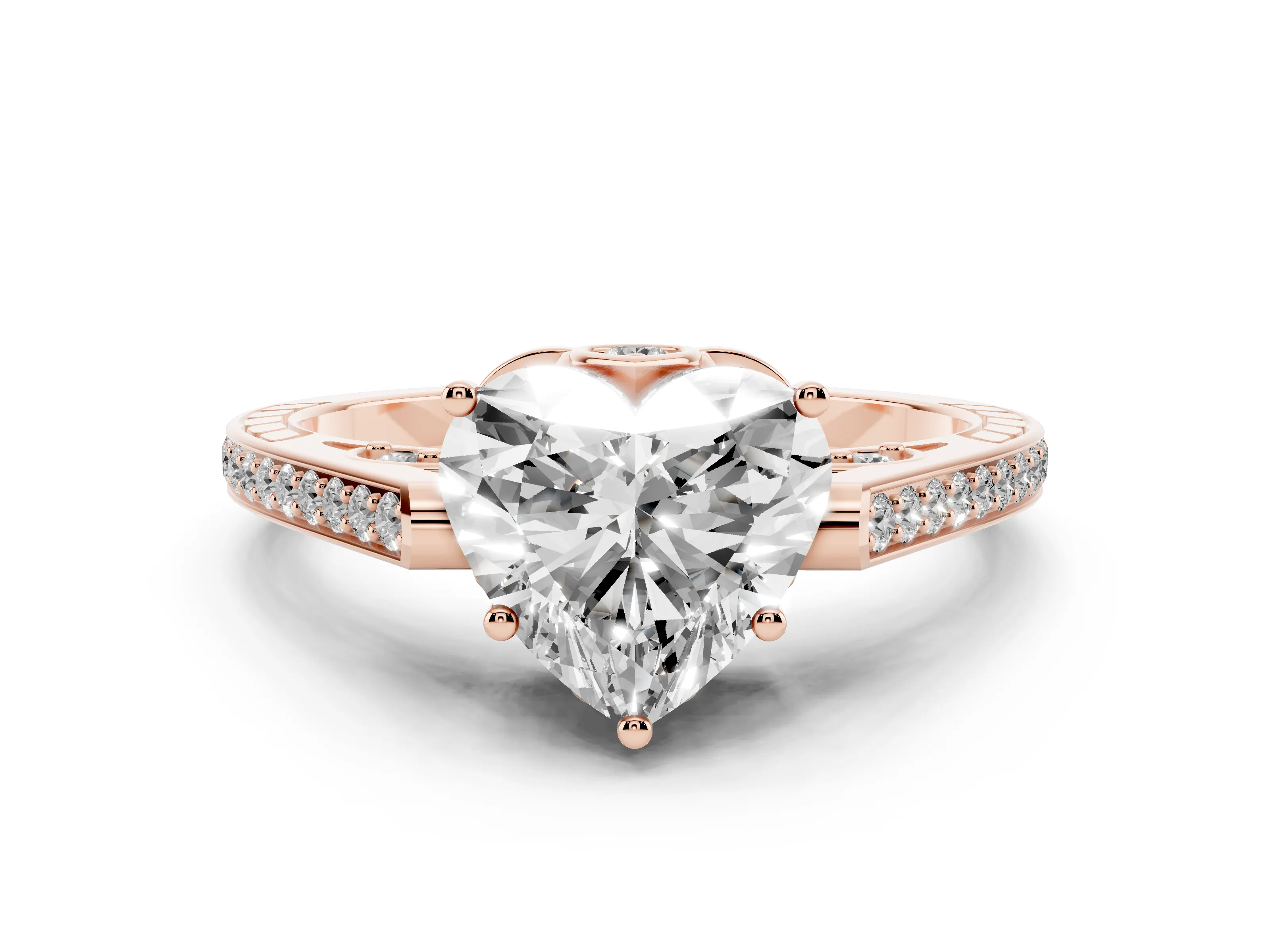 Heart Cut Diamond Cathedral Pavé Engagement Ring Set in Rose gold with Prong Setting