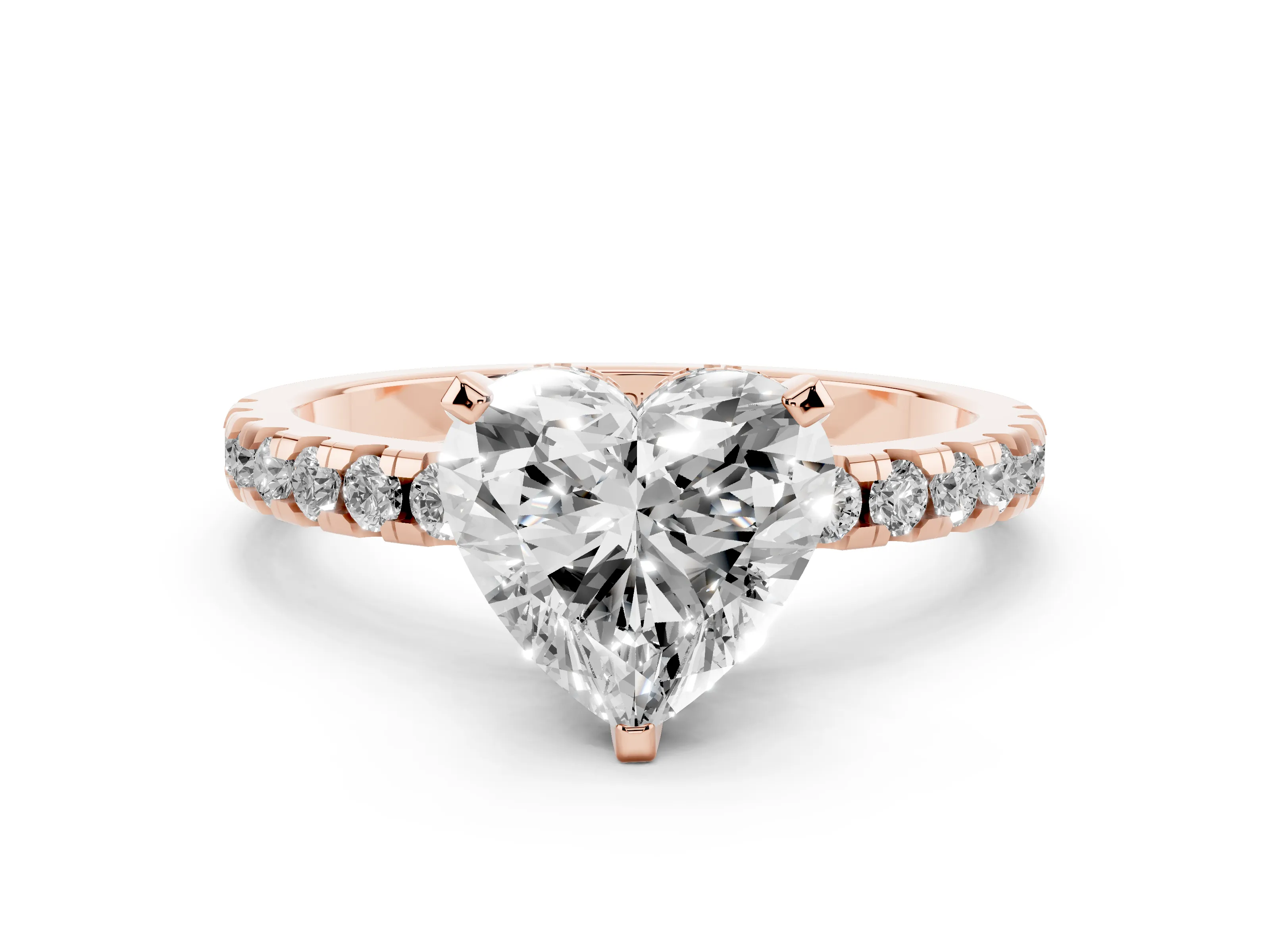 Heart Cut Diamond Pavé Solitaire Ring Set in Rose gold with Round Band Accents and Prong Setting