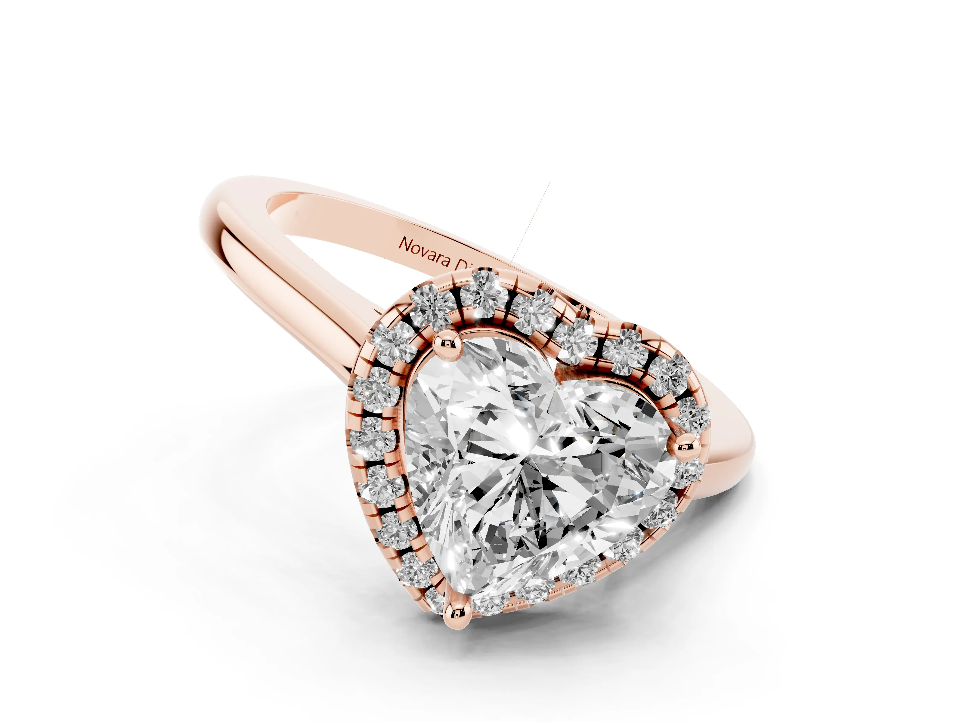 Heart Cut Diamond Halo Engagement Ring Set in Rose gold with Pavé Band and Rising Shoulders