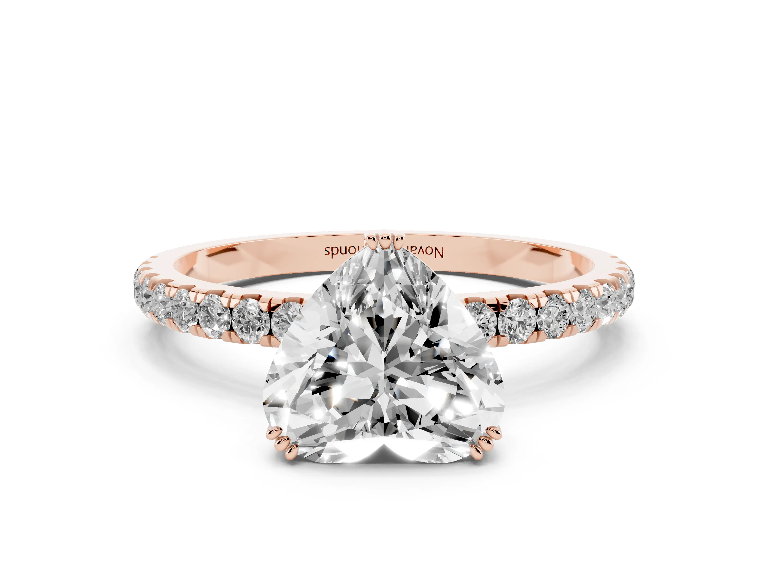 Heart Cut Diamond Brilliant Solitaire Set in Rose gold with Pavé Band and Claw Prong Setting