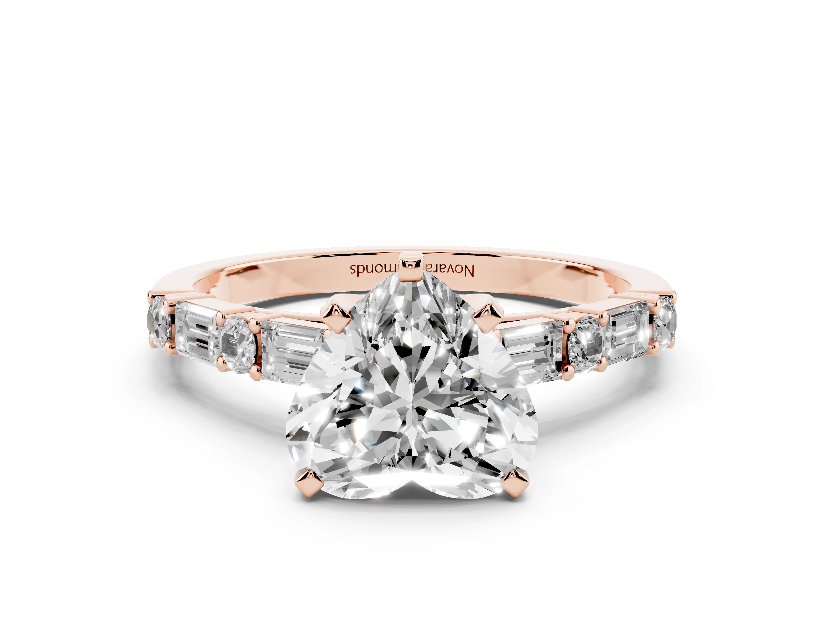 Heart Cut Diamond Solitaire Set in Rose gold with Side Baguettes and Channel Set Band