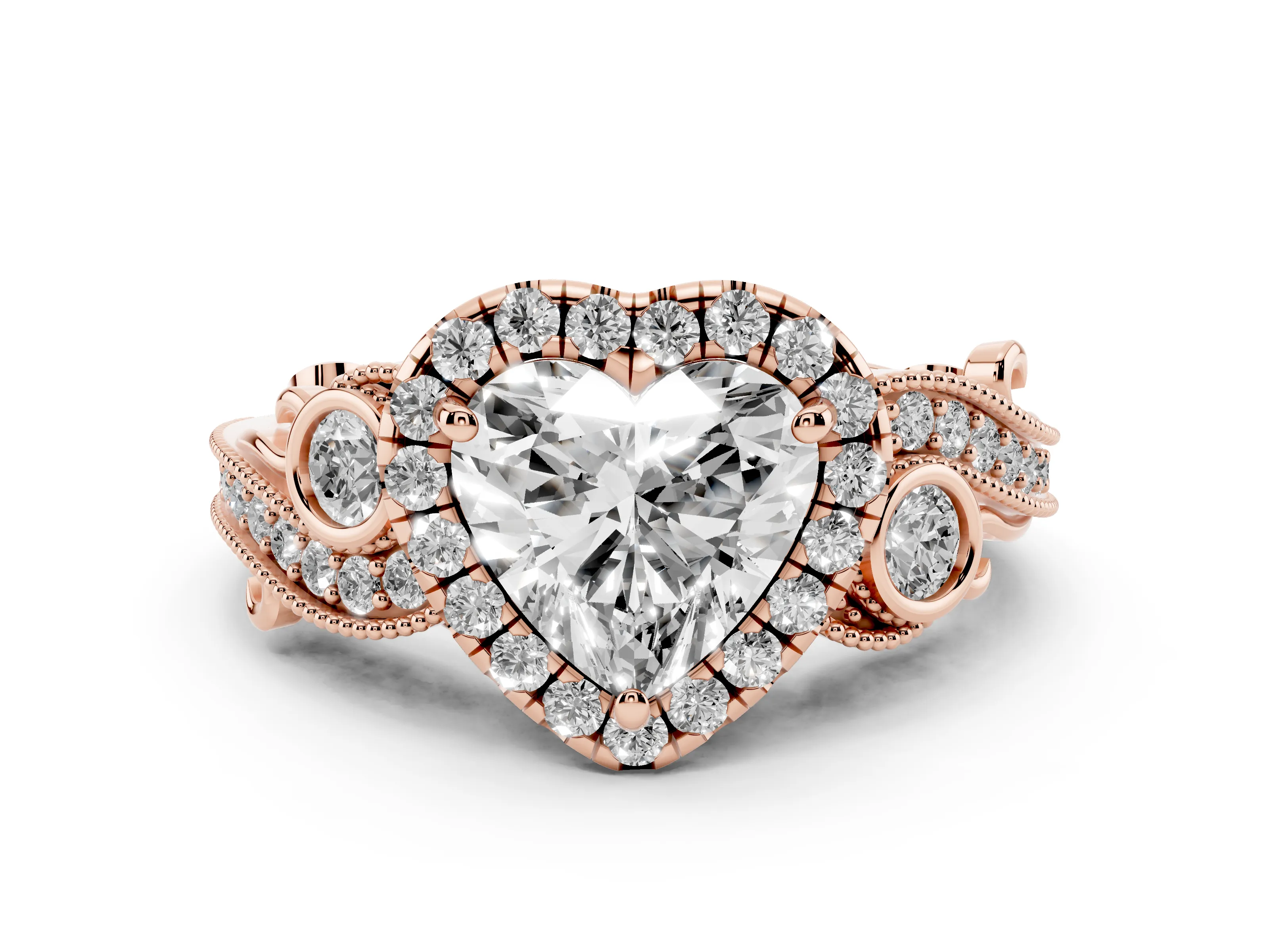 Heart Cut Diamond Halo Ring Set in Rose gold with Milgrain Pavé Band and Prong Setting