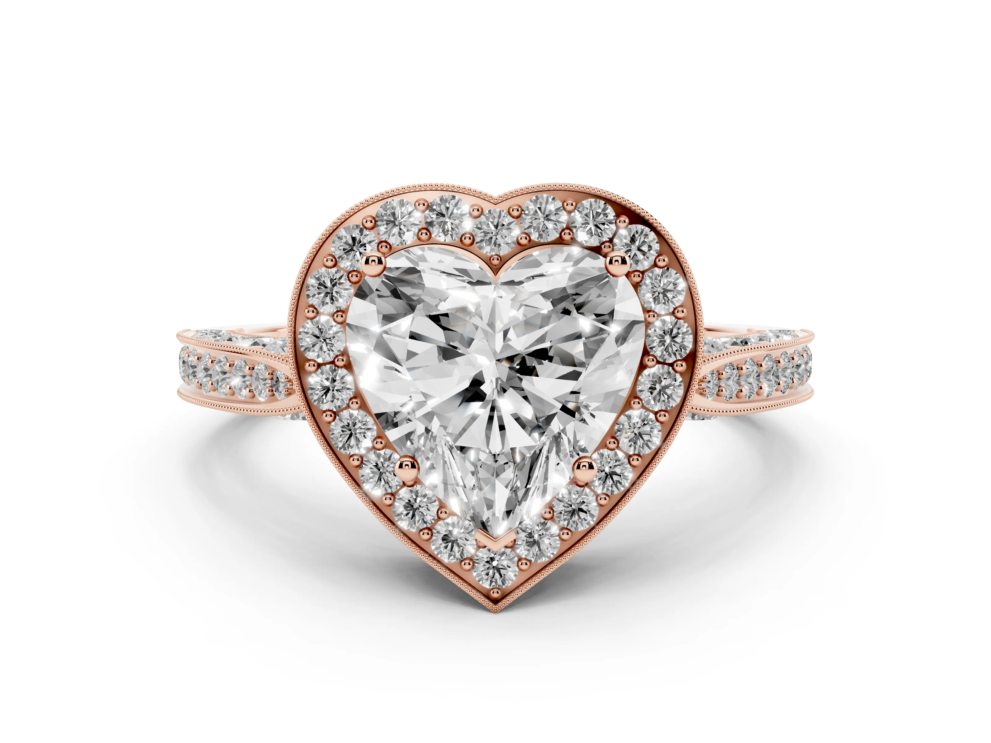 Heart Cut Diamond Halo Engagement Ring Set in Rose gold with Accent Split Shank Band