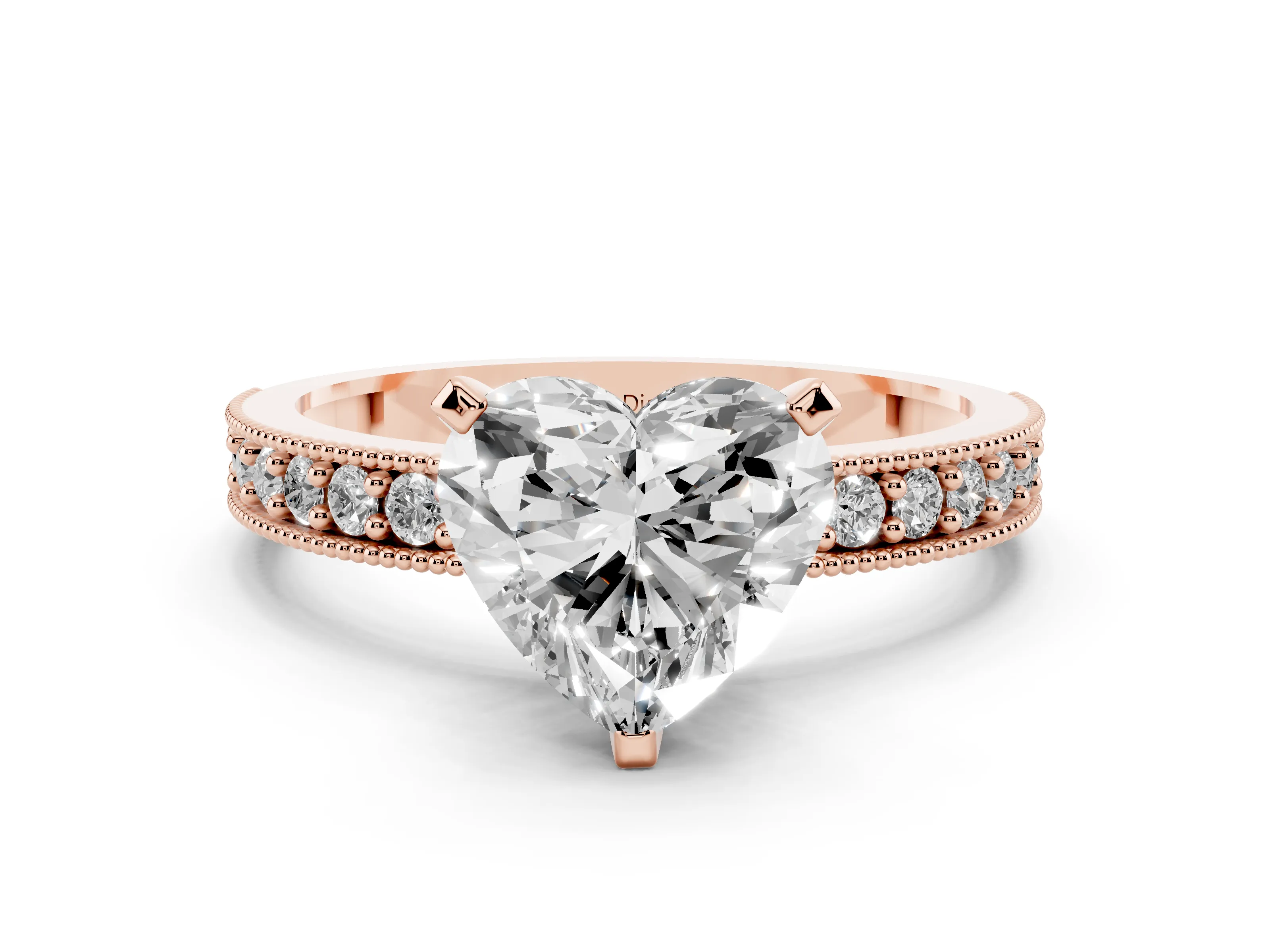 Heart Cut Diamond Milgrain Pavé Engagement Ring Set in Rose gold with Prong Setting