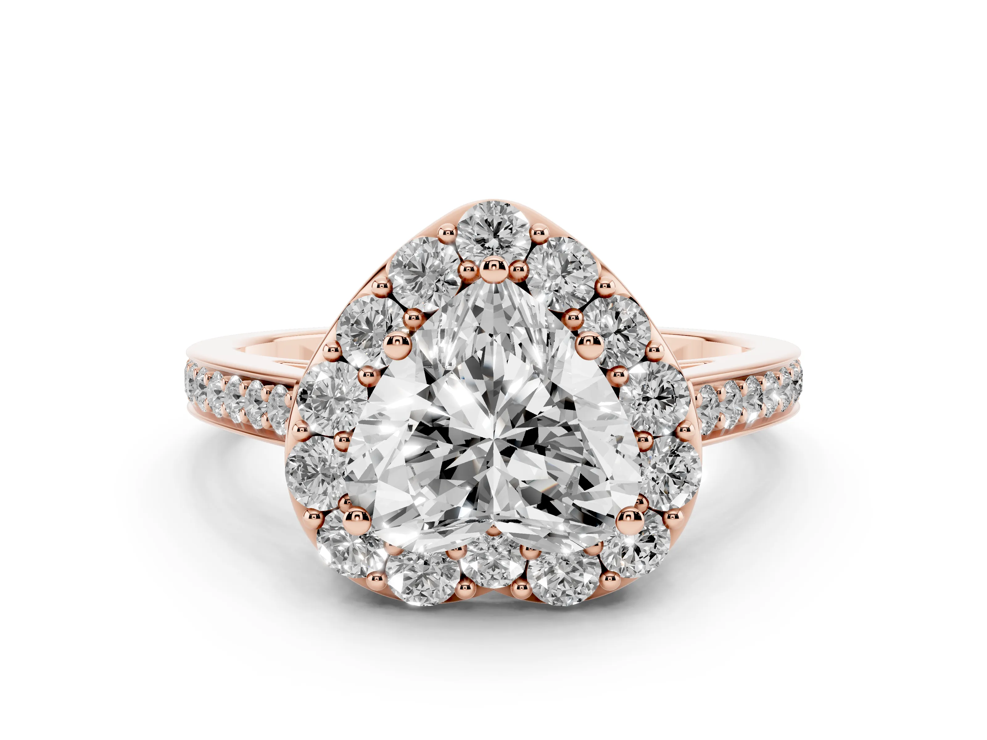 Heart Cut Diamond Floral Halo Ring Set in Rose gold with Pavé Band and Prong Setting