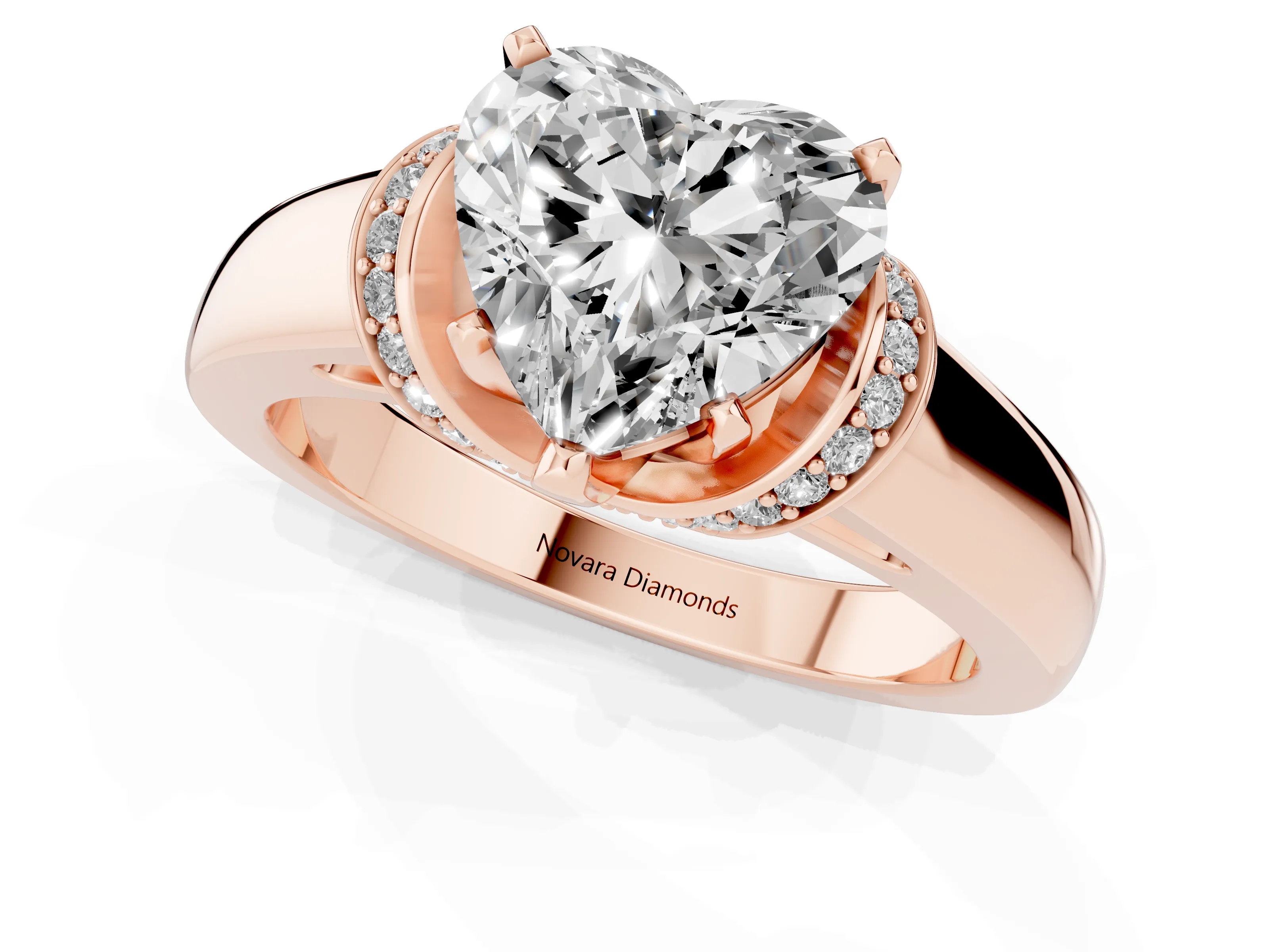 Heart Cut Diamond Pavé Band Solitaire Ring Set in Rose gold with Prong Setting
