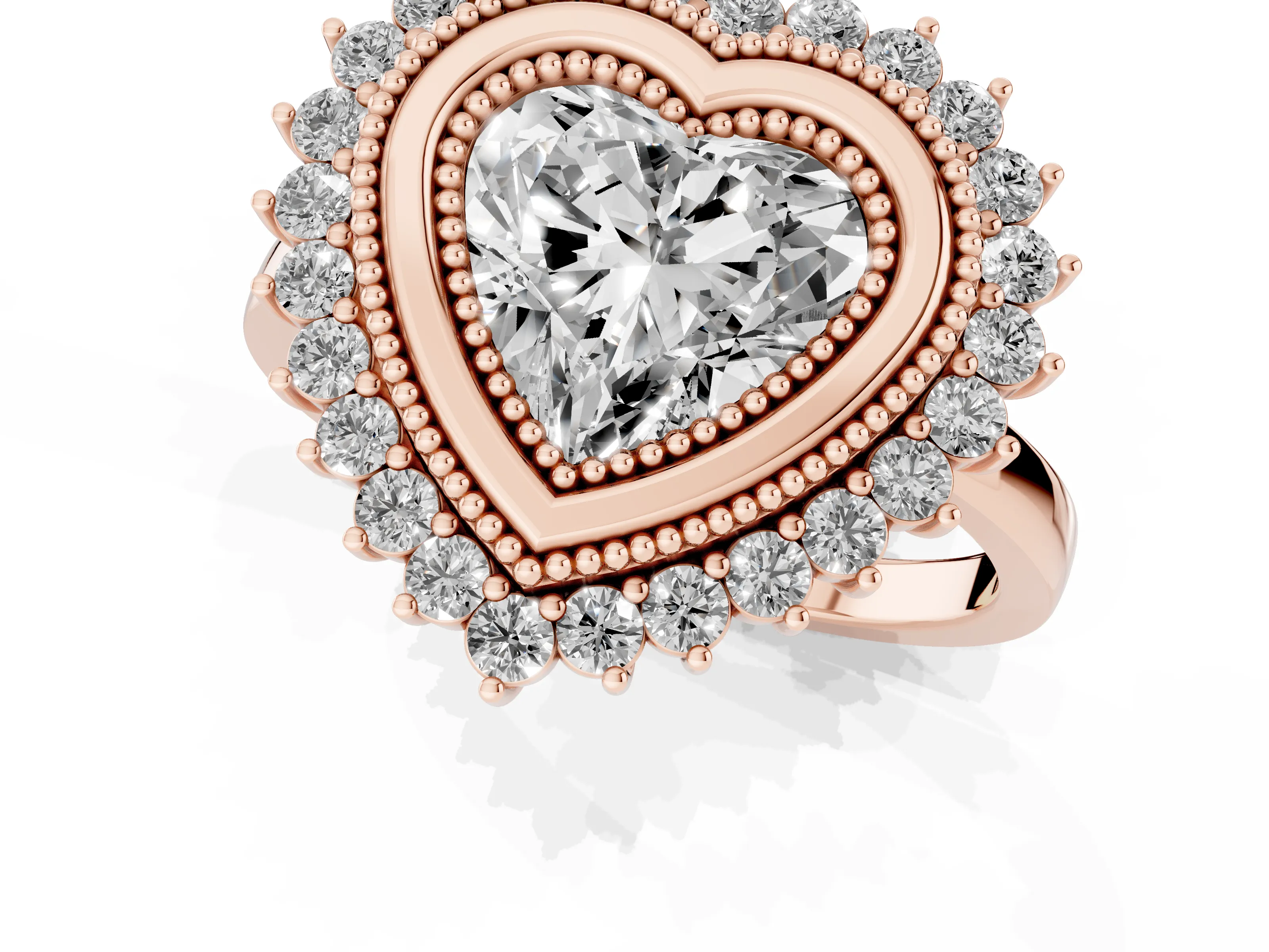 Heart Cut Diamond Halo Ring Set in Rose gold with Milgrain Edge and Round Prong Setting