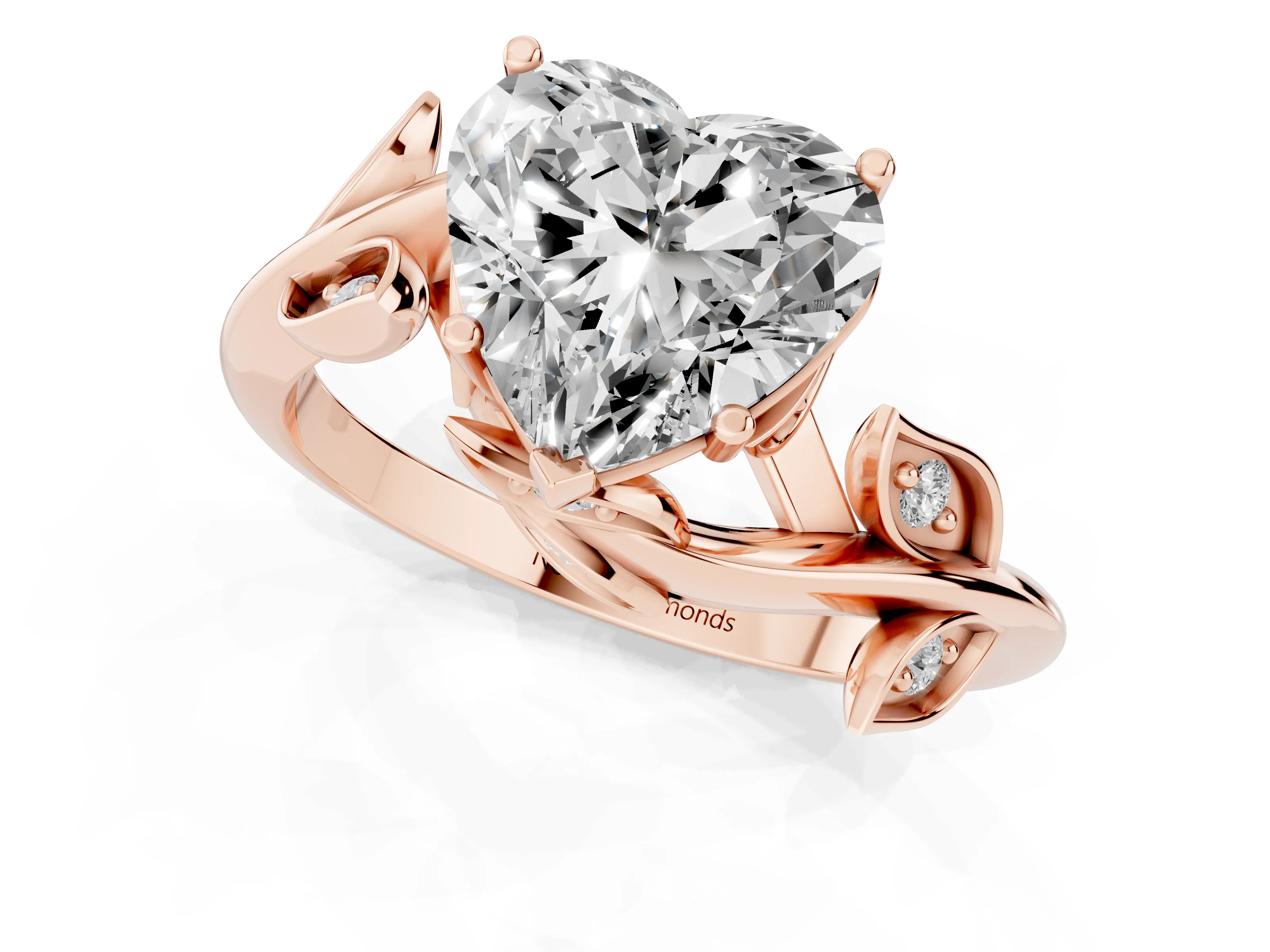 Heart Cut Diamond Solitaire Twist Engagement Ring Set in Rose gold with Pavé Leaf Accents