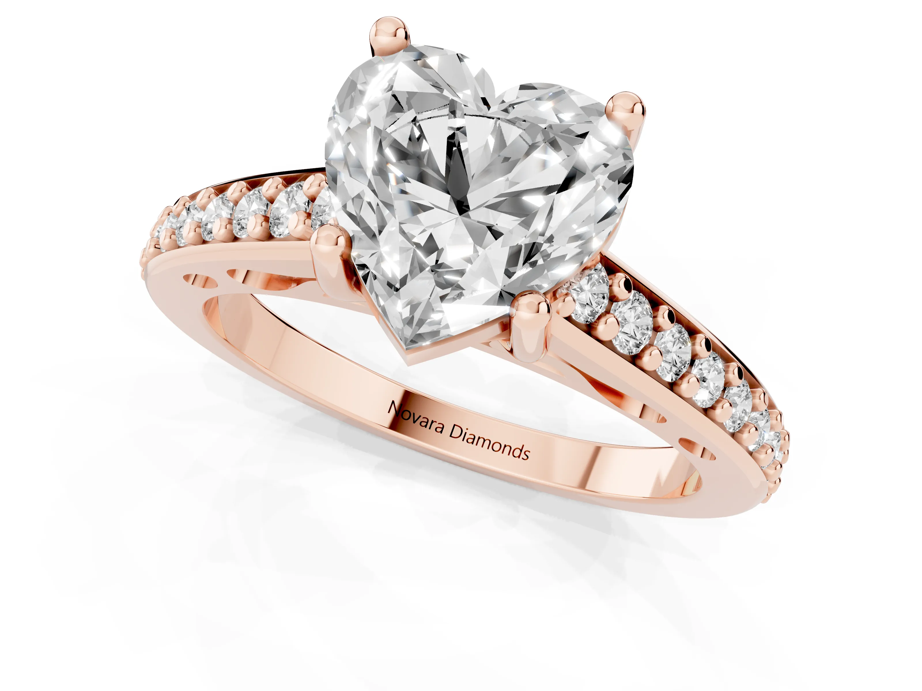 Heart Cut Diamond Prong Set Solitaire Engagement Ring Set in Rose gold with Pavé Band