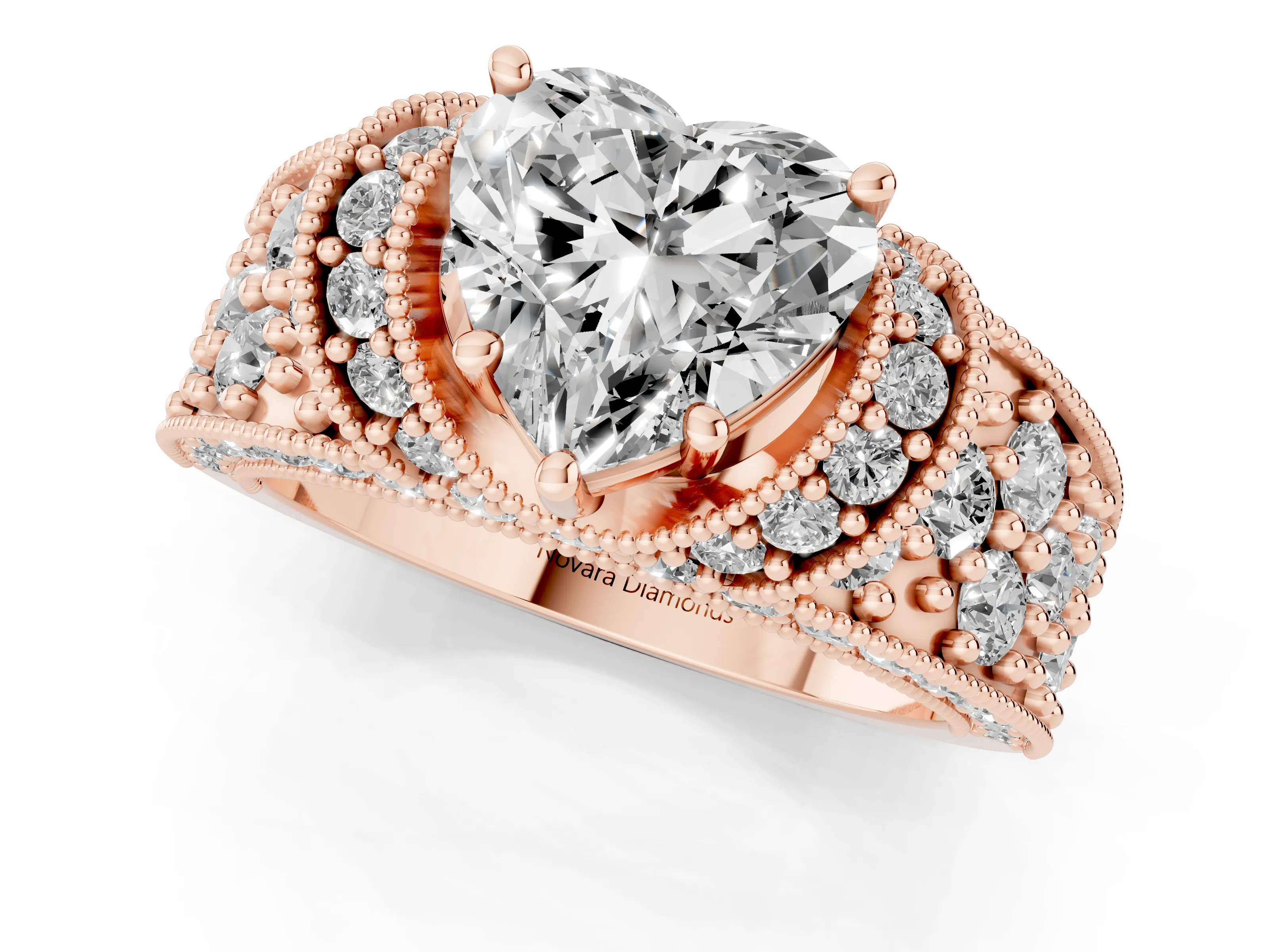 Heart Cut Diamond Milgrain Halo Pavé Engagement Ring Set in Rose gold with Prong Setting