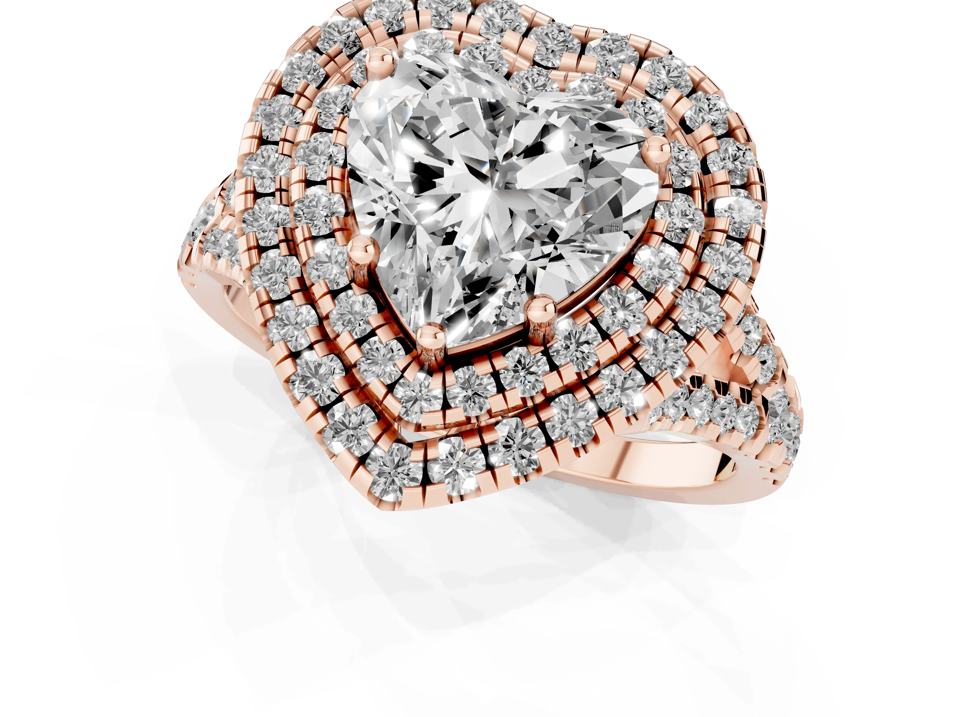 Heart Cut Diamond Double Halo Ring Set in Rose gold with Pavé Split Shank and Prong Setting