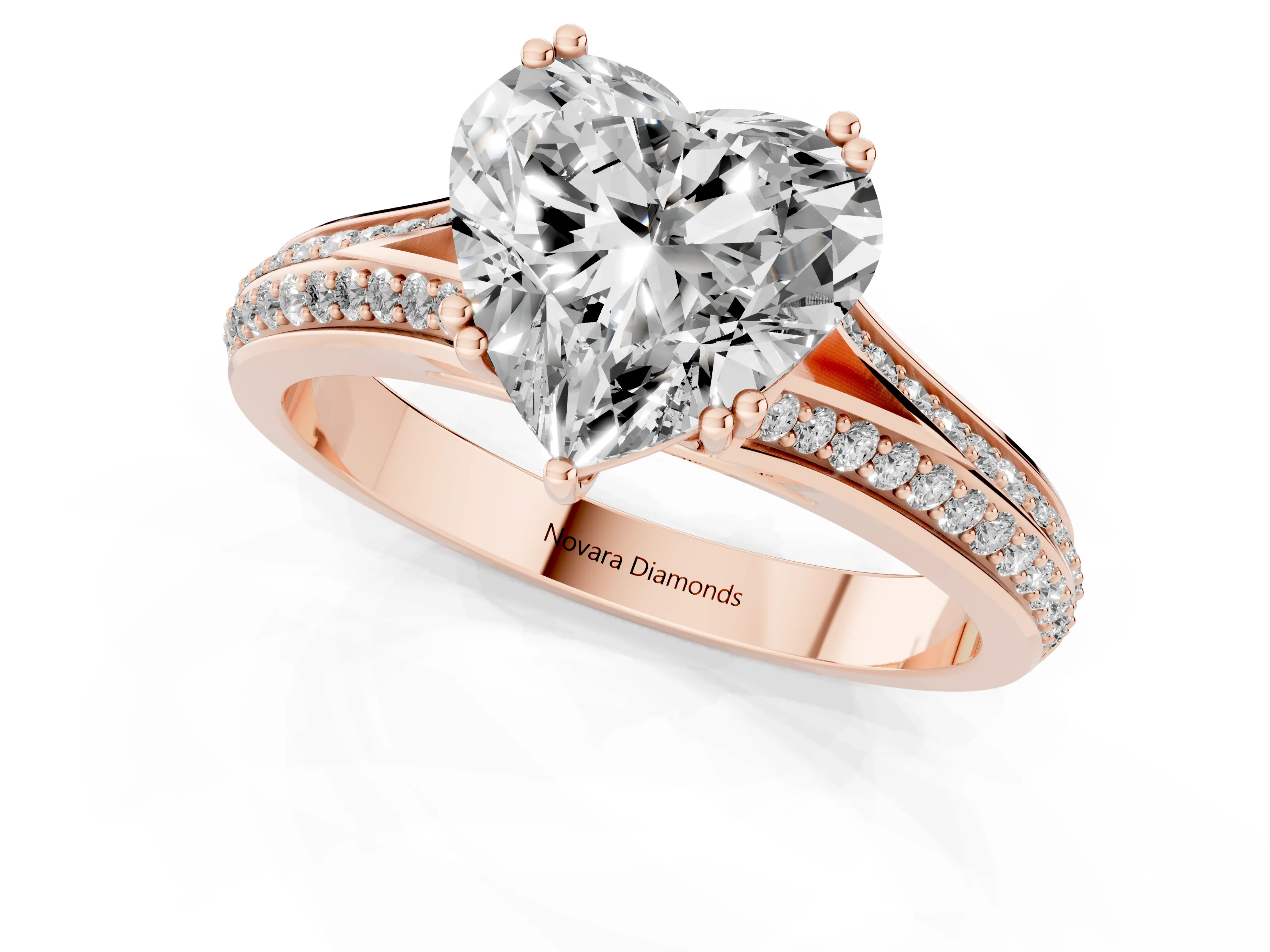 Heart Cut Diamond Split Shank Pavé Engagement Ring Set in Rose gold with Prong-Set Center Stone