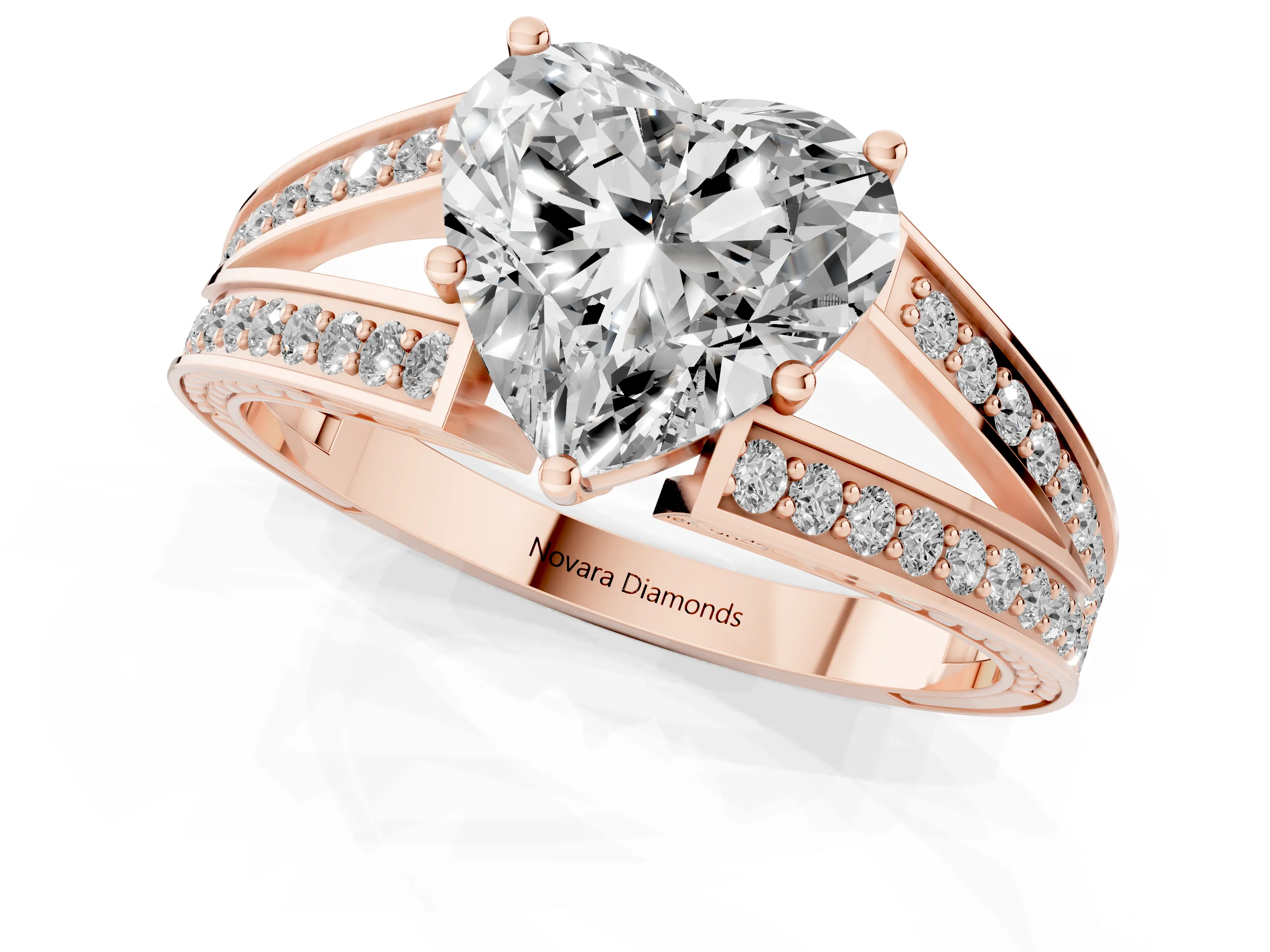 Heart Cut Diamond Split Shank Ring Set in Rose gold with Pavé Band and Prong Setting