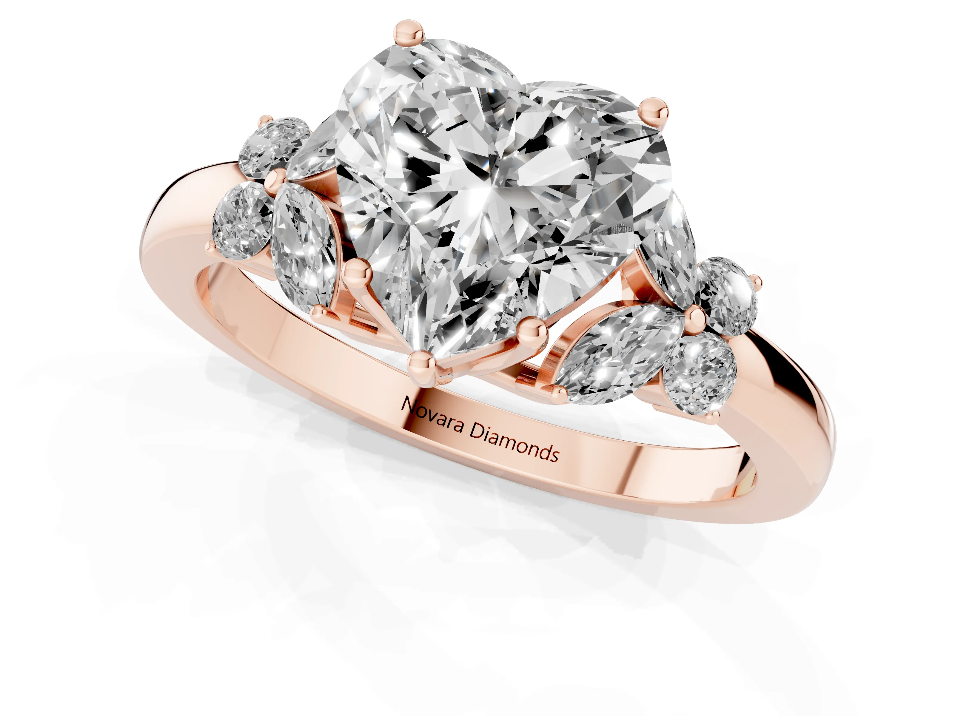 Heart Cut Diamond Solitaire Floral Ring Set in Rose gold with Marquise Petals and Prong Setting