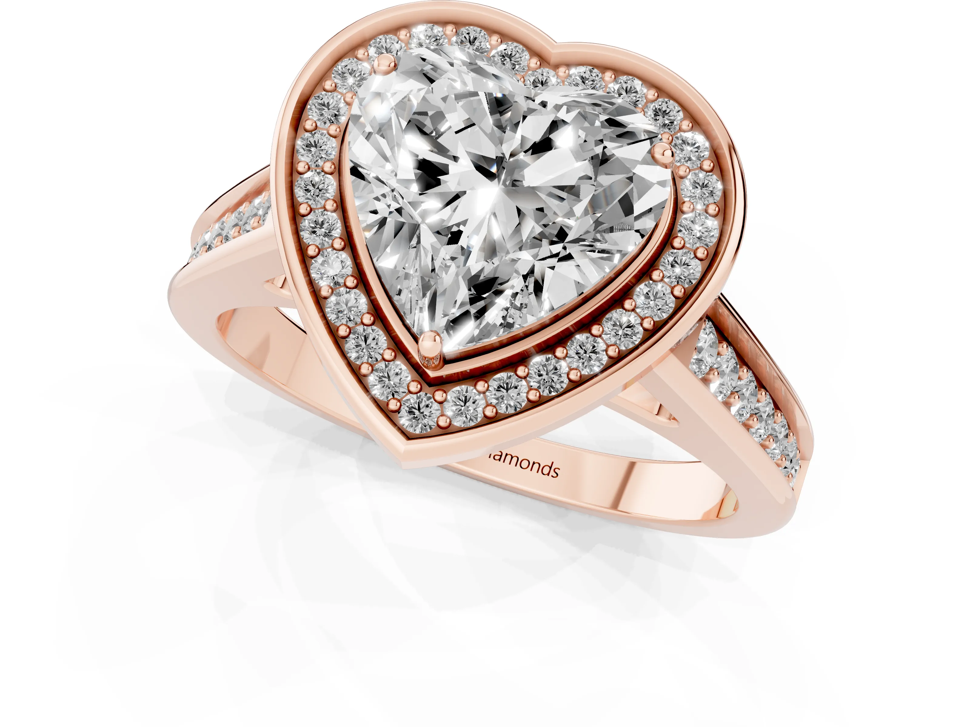 Heart Cut Diamond Halo Solitaire Ring Set in Rose gold with Pavé Band and Bezel Setting