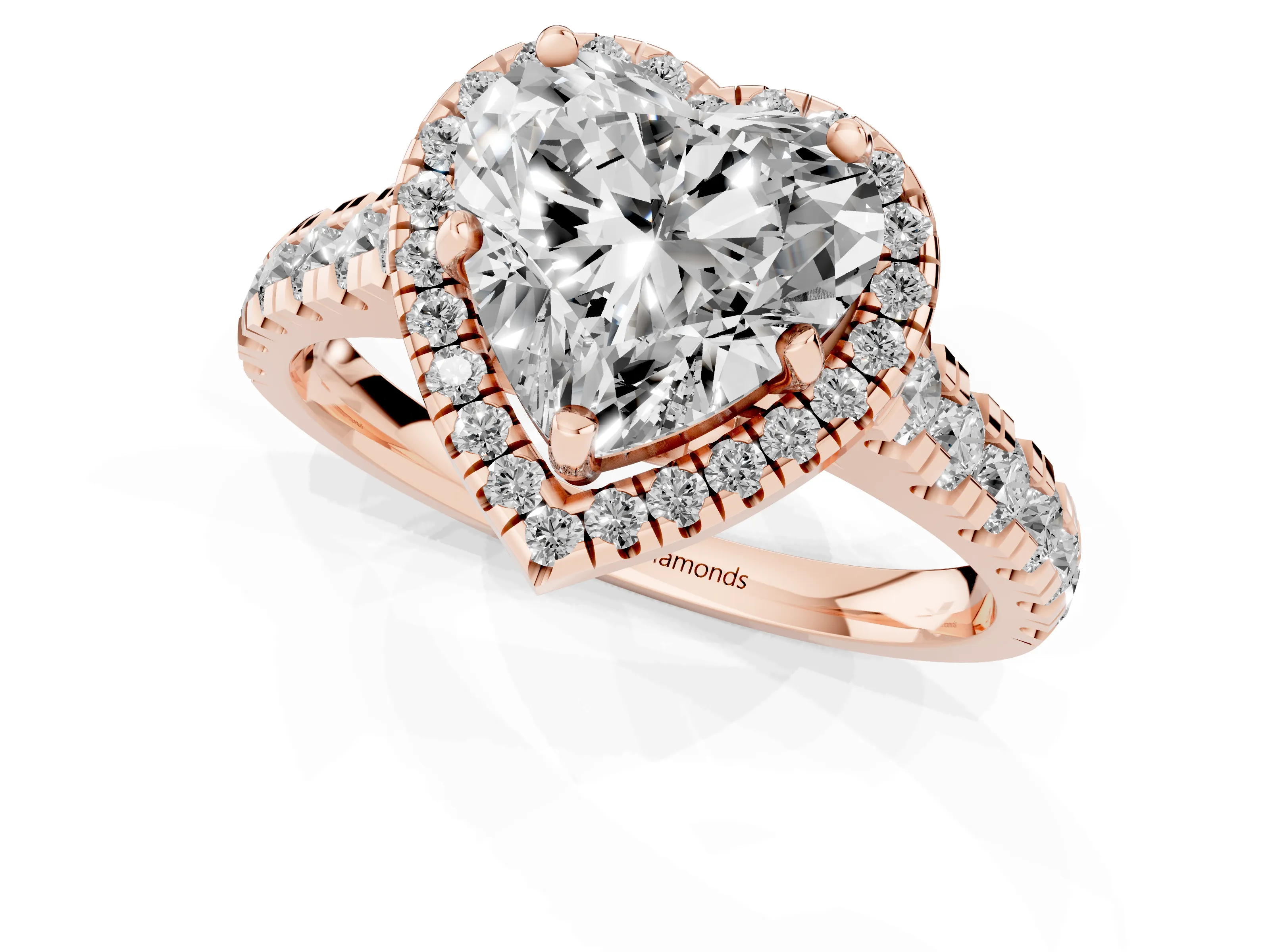 Heart Cut Diamond Halo Engagement Ring Set in Rose gold with Pavé Band and Prong-Set Center