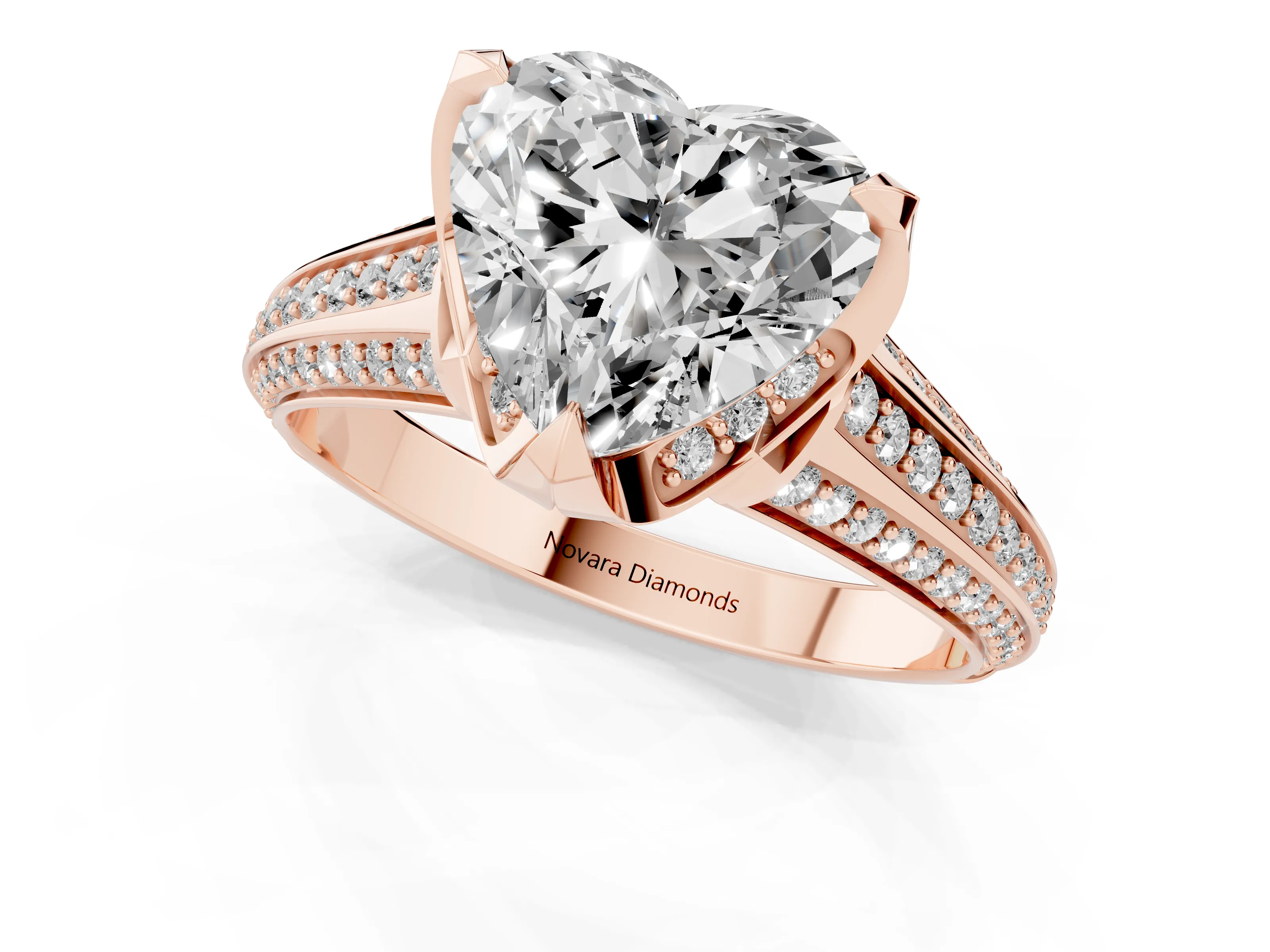 Heart Cut Diamond Pavé Split Shank Solitaire Ring Set in Rose gold with Prong Setting