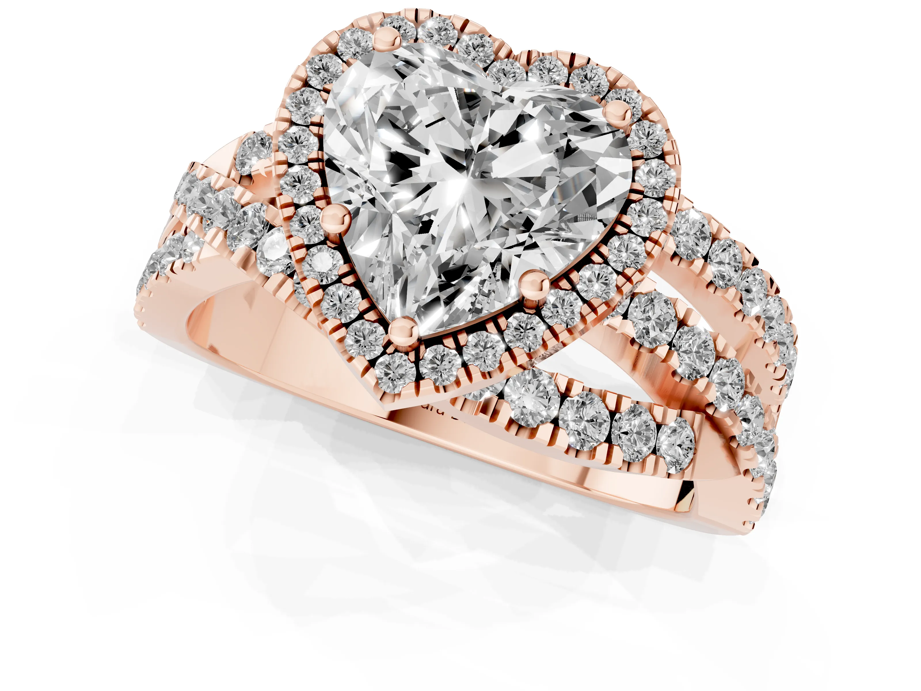 Heart Cut Diamond Halo Ring Set in Rose gold with Round Crossover Split Shank and Prong Setting
