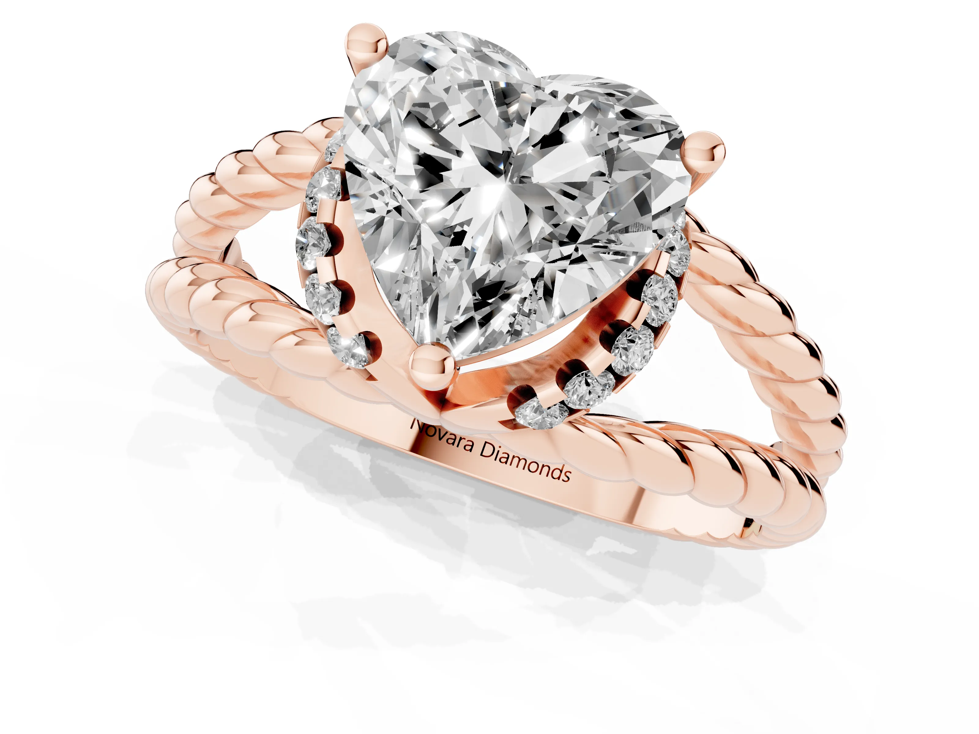 Heart Cut Diamond Halo Ring Set in Rose gold with Twisted Band and Prong Setting