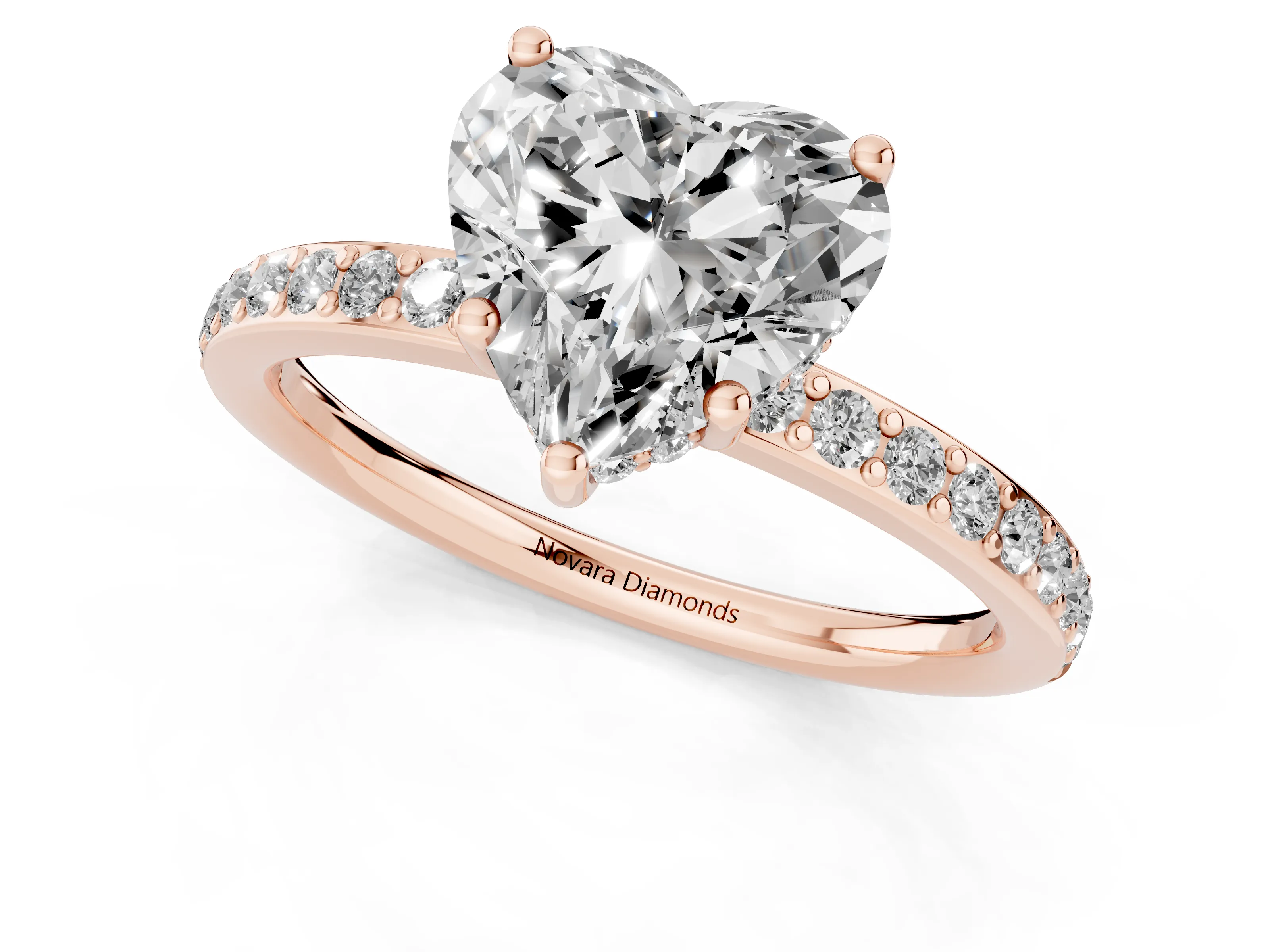 Heart Cut Diamond Pavé Band Ring Set in Rose gold with Prong-Set Center Stone