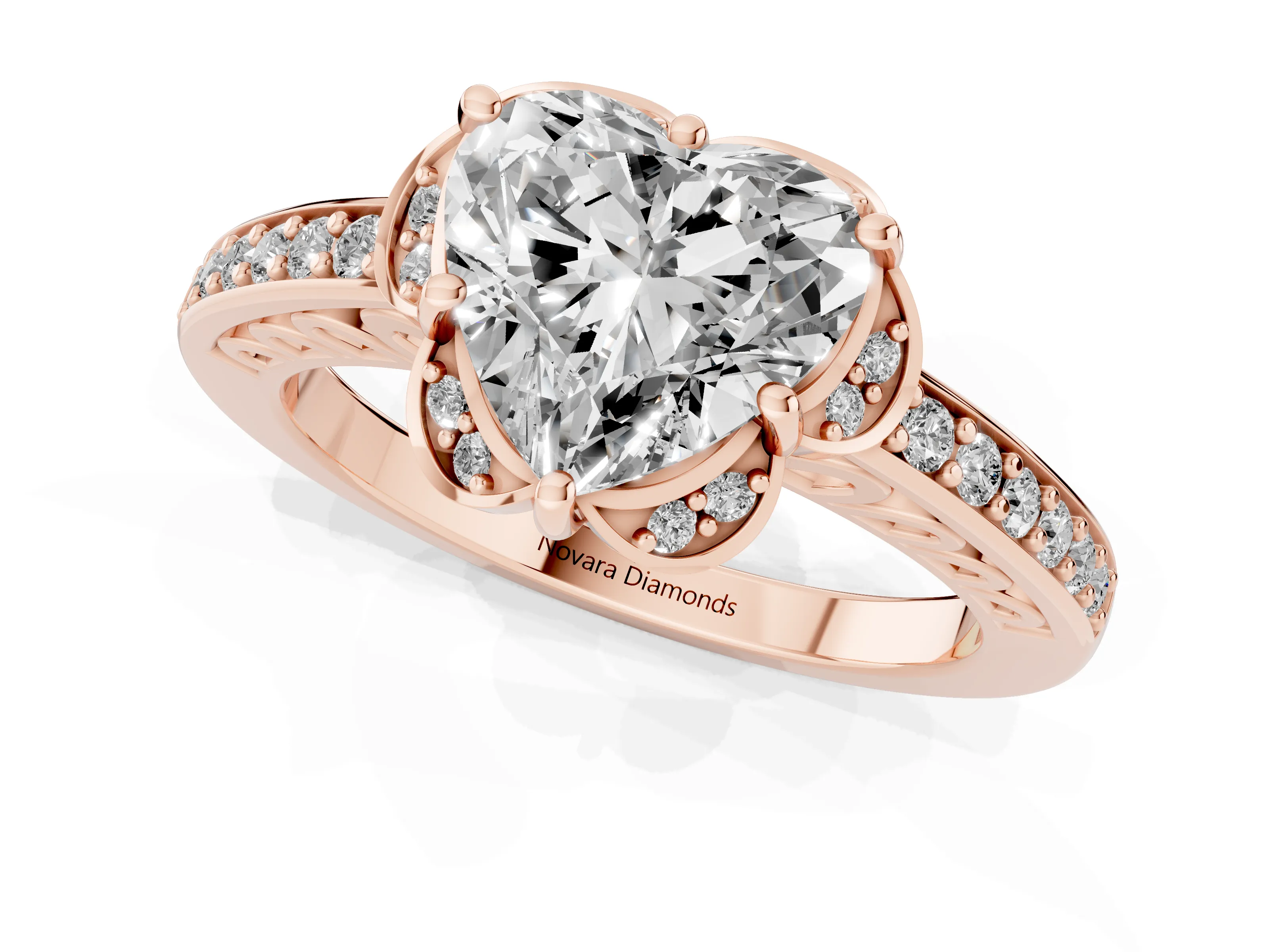 Heart Cut Diamond Halo Ring Set in Rose gold with Channel Set Band and Prong Setting